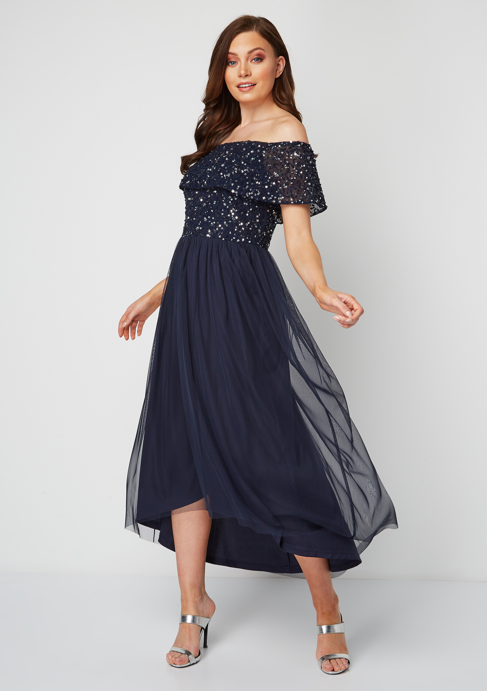 Roman Navy Bardot Sequin Midi Dress