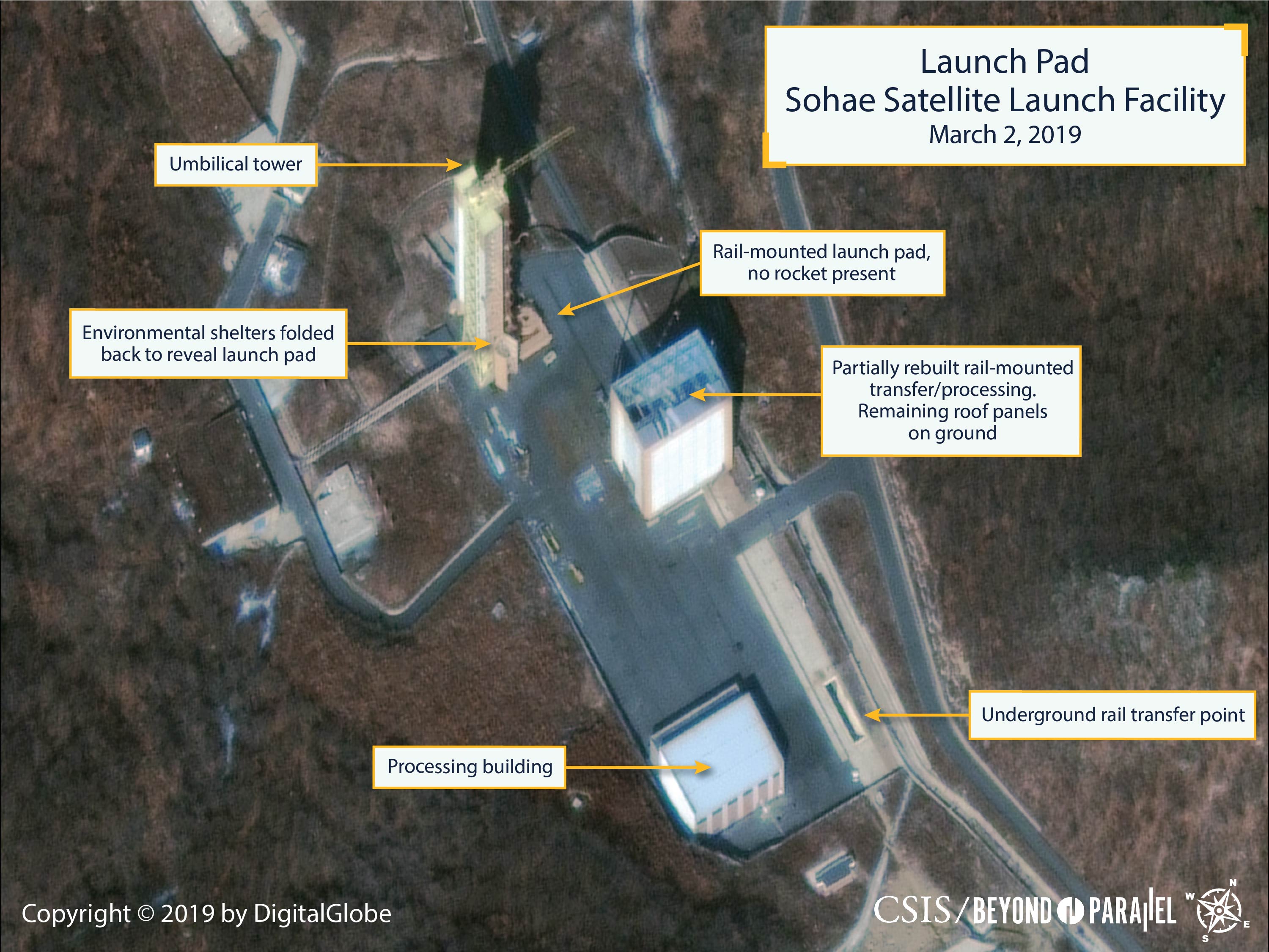 The launch pad as seen on March 2, 2019 showing the partially rebuilt rail-mounted rocket transfer structure