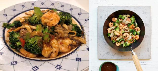 Right, king prawn and broccoli stir fry from Mary Berry Quick Cooking; left, Lauren's version (Lauren Taylor/Georgia Glynn Smith/PA)
