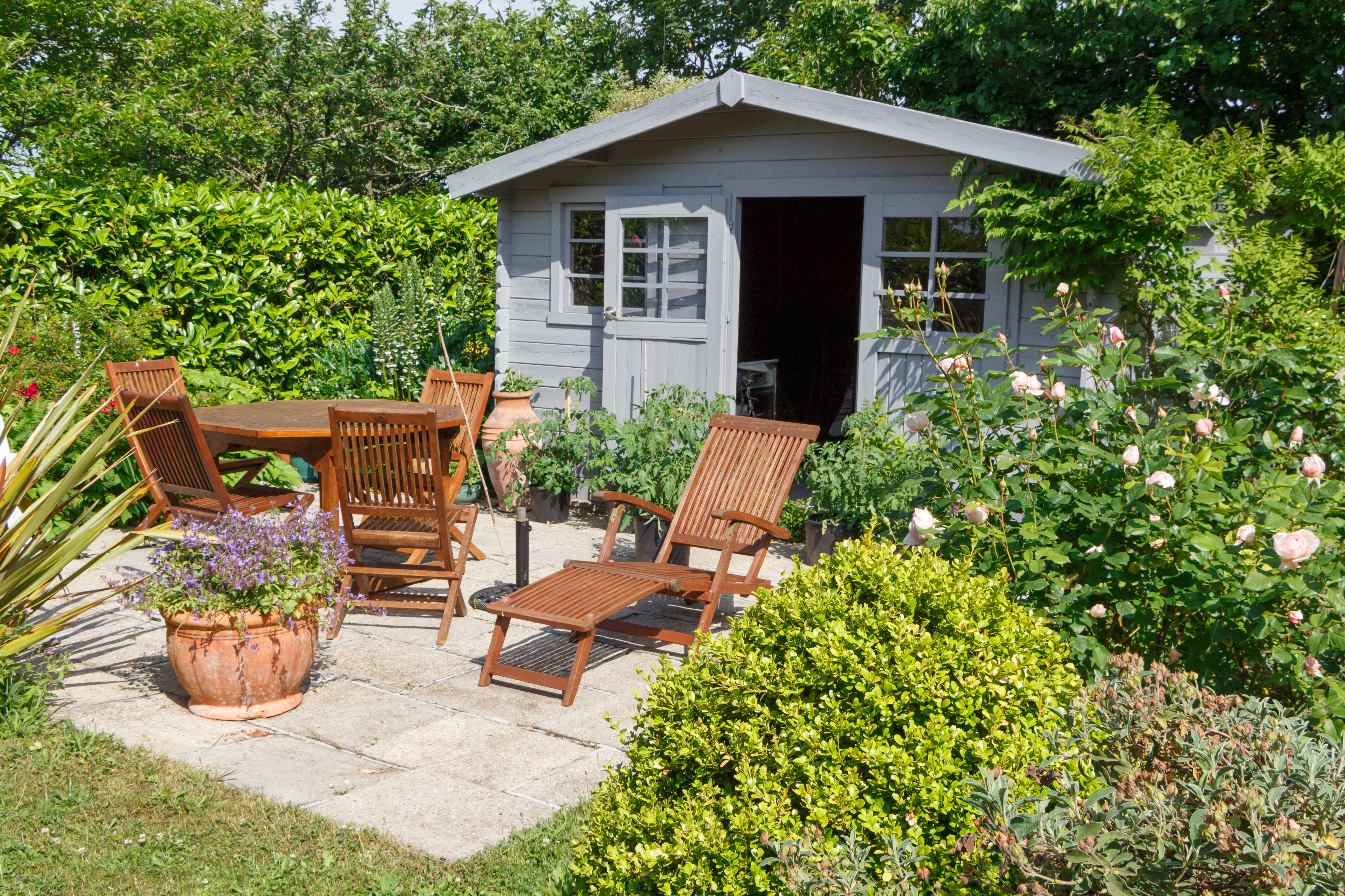 Grey shed with terrace