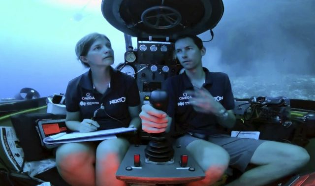 Lucy Woodall and Randy Holt inside the submersible 60 metres below the surface of the Indian Ocean