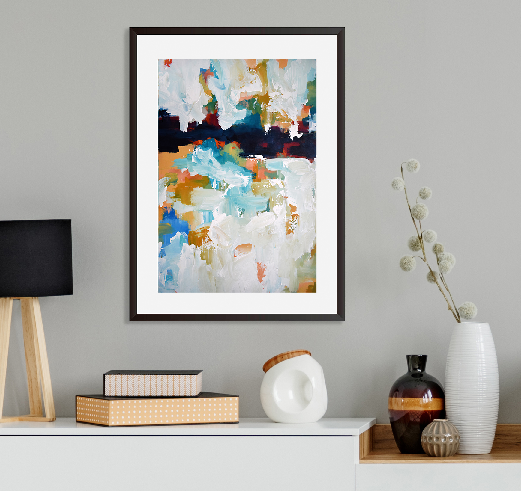 Accessories perfectly pick out the colours of the wall print. Abstract 351-Wall Art Print, £8.95, AbstractHouse.com (Abstract House/PA)