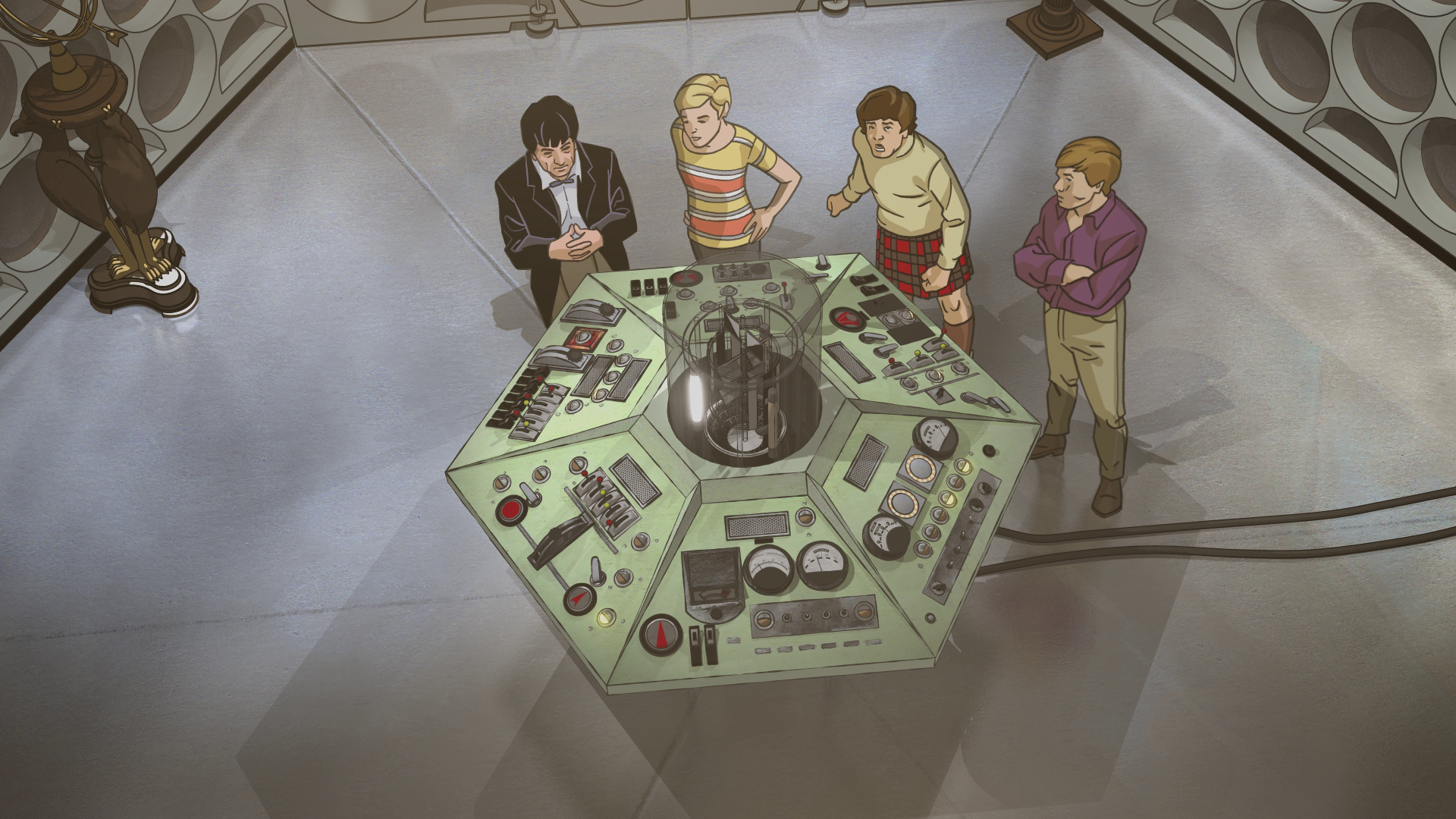 The crew in the Tardis in the new animation