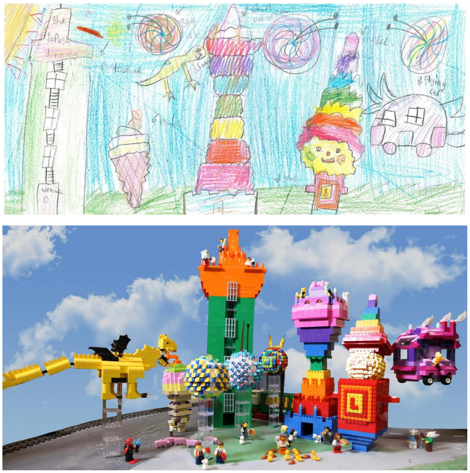 Competition winner Saira Ali's original drawing has been reconstructed in Lego