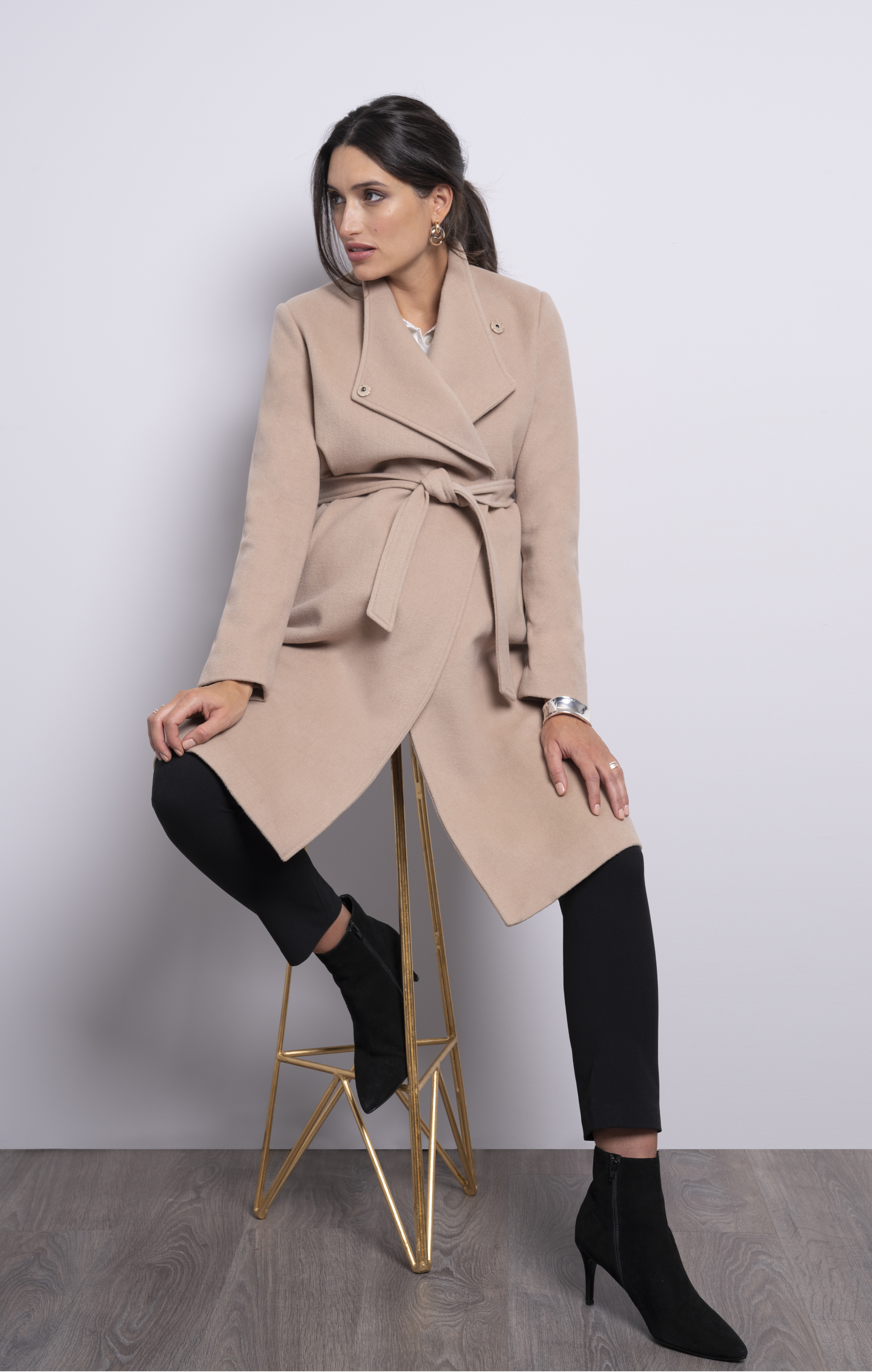 Seraphine Wool Camel Maternity Coat; Cropped Black Maternity Trousers