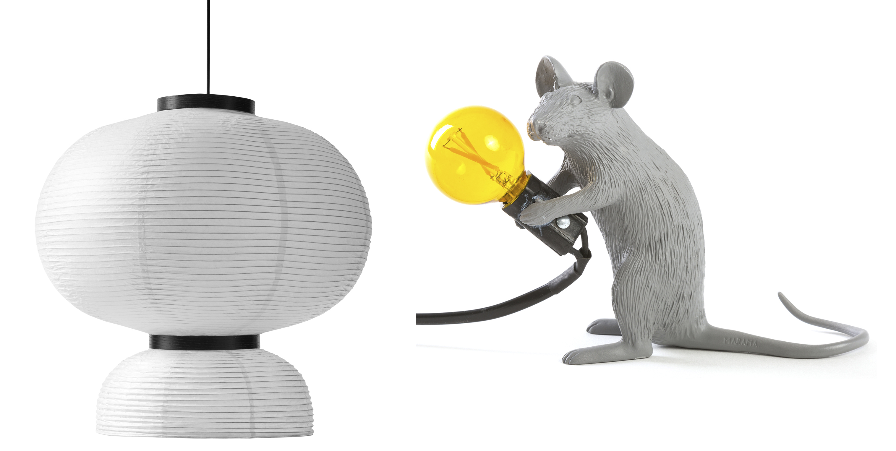 (L-R) &Tradition Formakami JH3 Light, £175, Rume; Seletti Mac - Sitting Mouse Lamp (Grey), £65.70 currently reduced from £73, Red Candy (Rume/Red Candy/PA)
