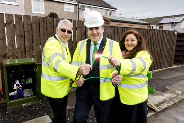 Connectivity Minister Paul Wheelhouse (centre) with Mark Collins and Elaine Doherty of CityFibre in Stirling