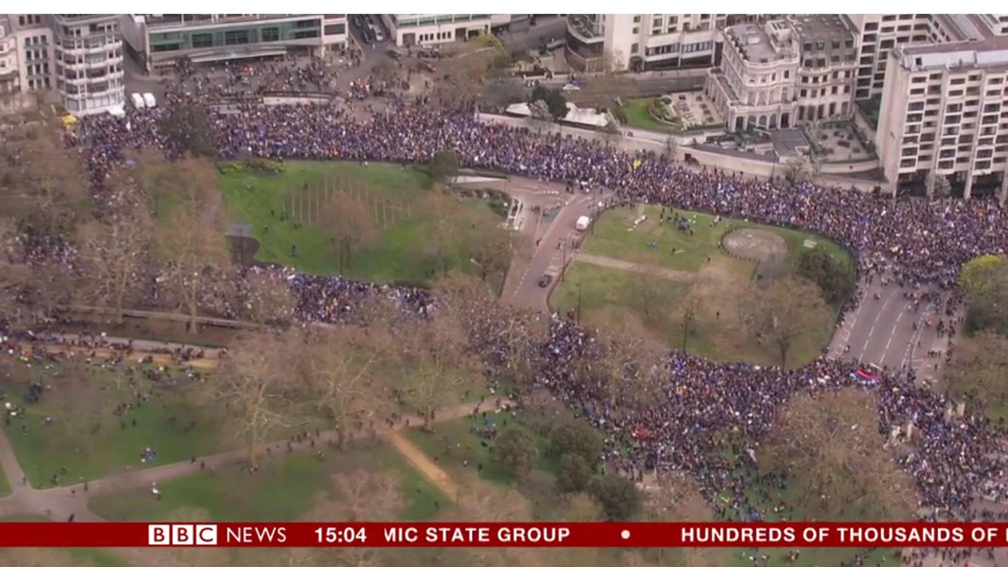 Screengrab taken from BBC News of an aerial view of the anti-Brexit campaigners marching in London