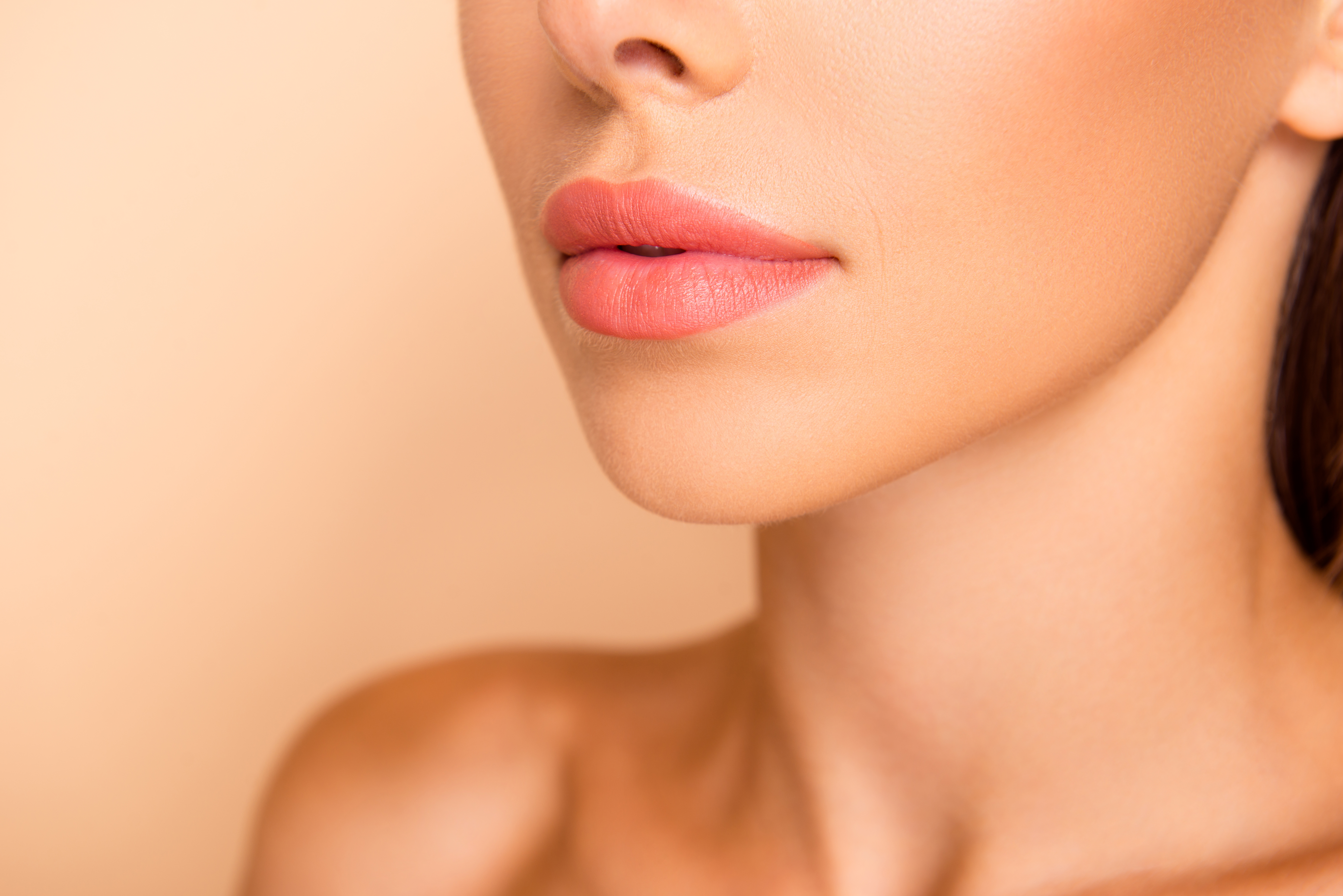Profile side view cropped close up photo of dreamy sweet well-gr
