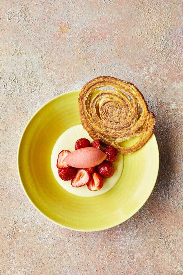 Strawberries, elderflower custard and strawberry champagne sorbet from Restaurant Nathan Outlaw by Nathan Outlaw (David Loftus/PA)