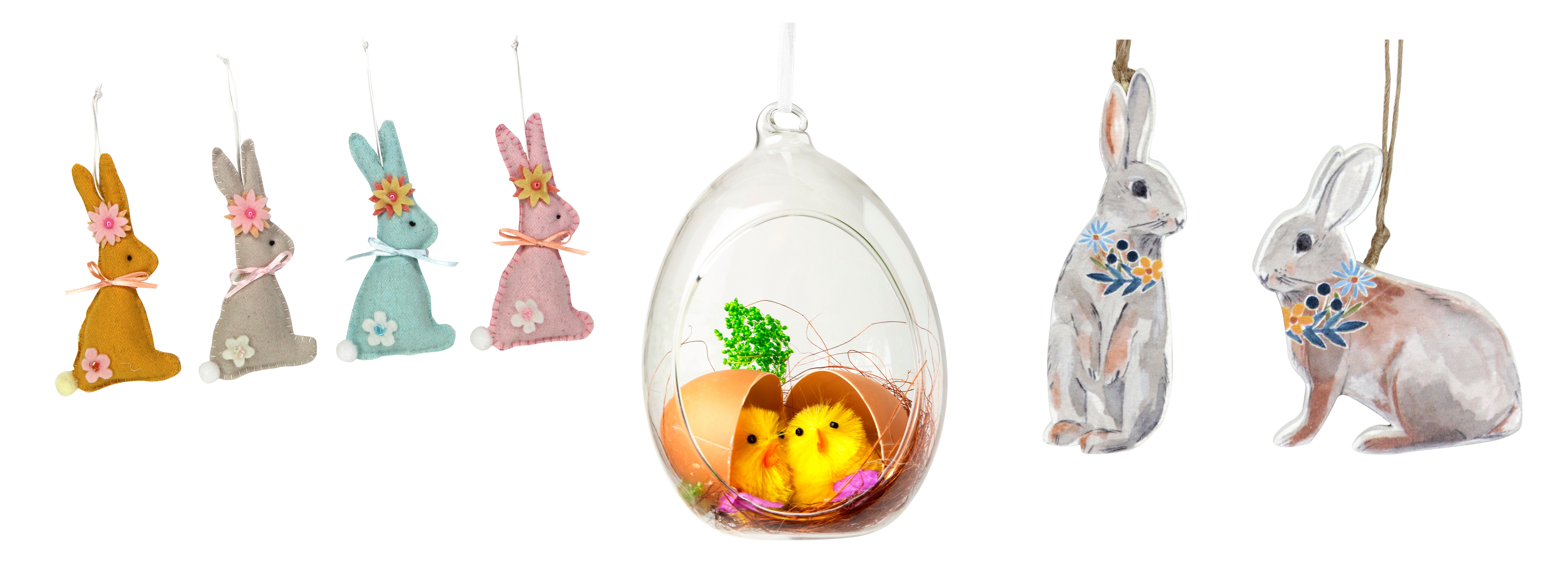 (L-R) Felt Pastel Easter Bunny Decorations With Flowers, Set of Four, £25, The Contemporary Home; Easter Decoration, £3, Flying Tiger stores; Country Folk Natural Wood Bunny Decoration, Two Designs, £2.00, visit www.GiselaGraham.co.uk for stockists (The Contemporary Home/Flying Tiger/Gisela Graham/PA)
