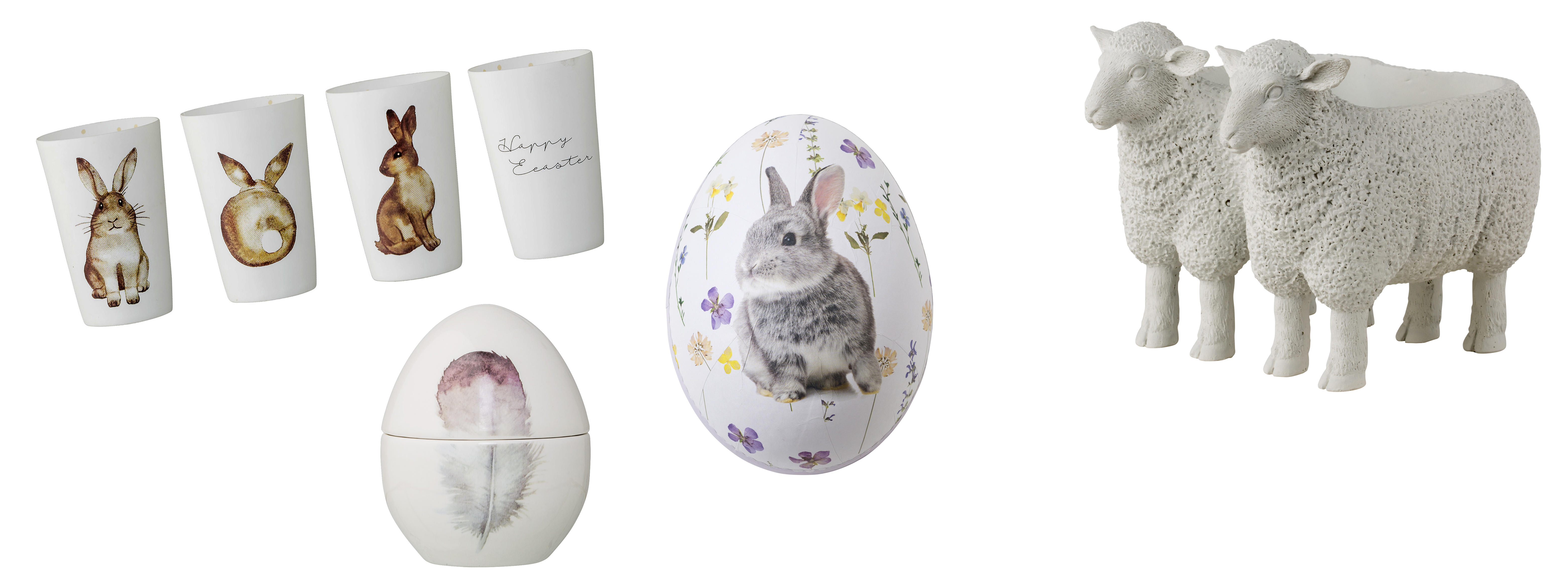Bunny Candle Holder Votives (Easter written on reverse), Set of Three, £24, Beaumonde; Feather Egg Trinket Jar, £12.50, Beaumonde; Truly Bunny Medium Gift Egg, £7, Talking Tables; Lene Bjerre Semina Lamb Bowl, £30, Sweetpea & Willow (Beaumonde/Talking Tables/Sweetpea & Willow/PA)