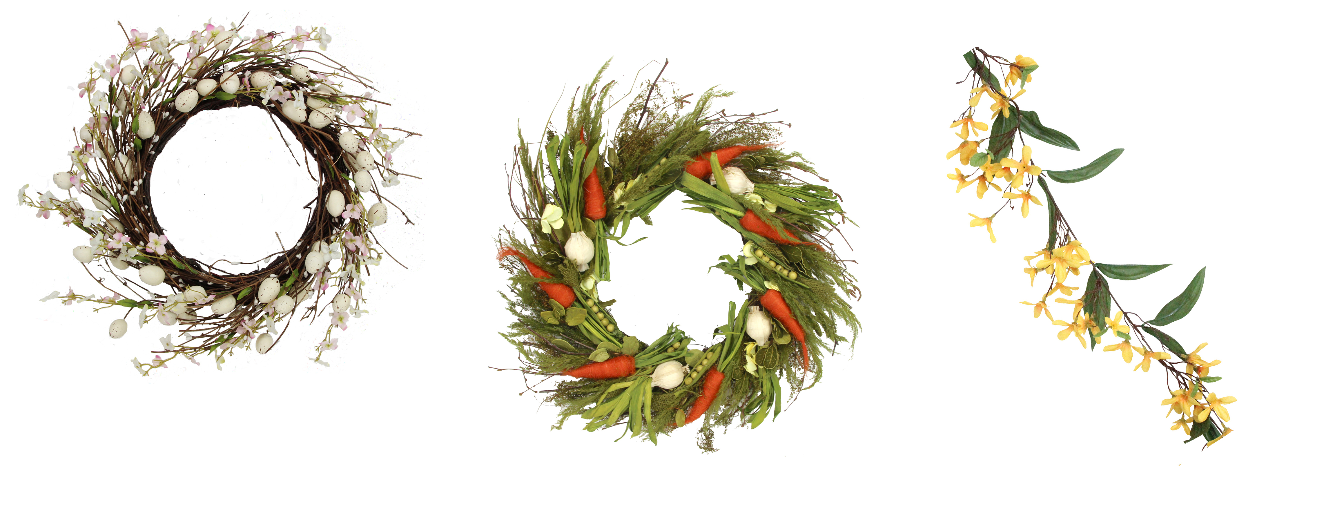(L-R) Twig Wreath with Eggs & Pink Blossom, £45, visit www.giselagraham.co.uk for stockists; Twig Vegetable Easter Wreath, £33, The Contemporary Home; Faux Yellow Forsythia Garland, £18, visit www.GiselaGraham.co.uk for stockists (The Contemporary Home/Gisela Graham/PA)