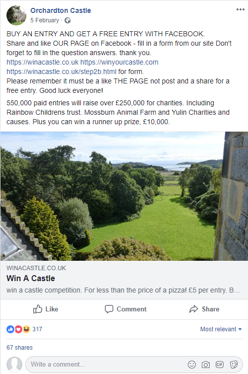 The Facebook ad for the raffle of Orchardton Castle. (ASA/PA)