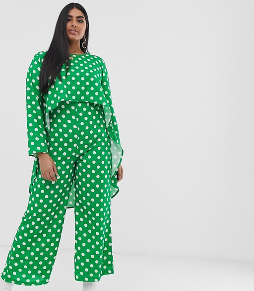 Verona Curve long sleeved layered jumpsuit in green polka dot, £50 on ASOS