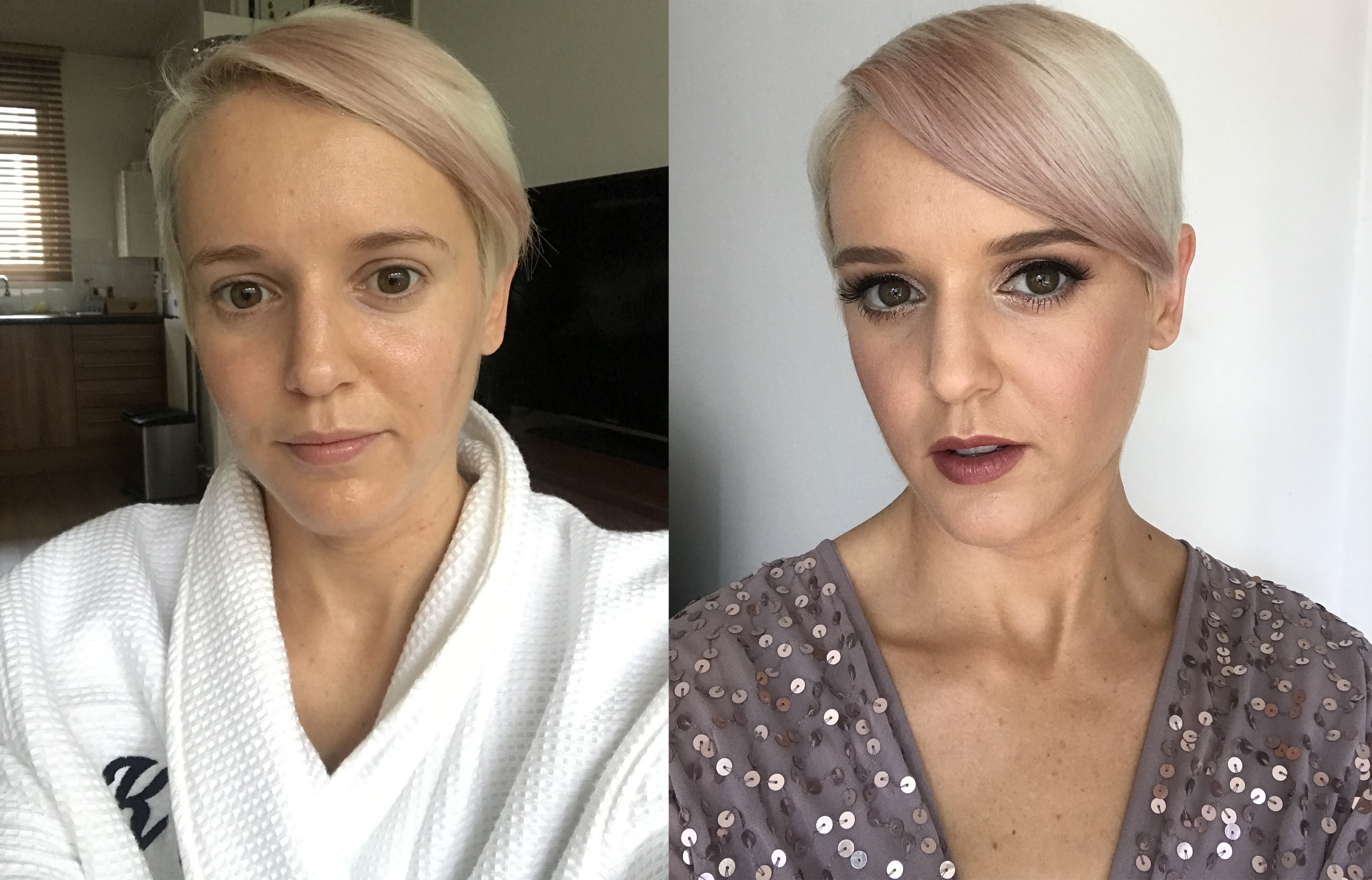 Katie Wright before and after a make-up appointment with Beyou app