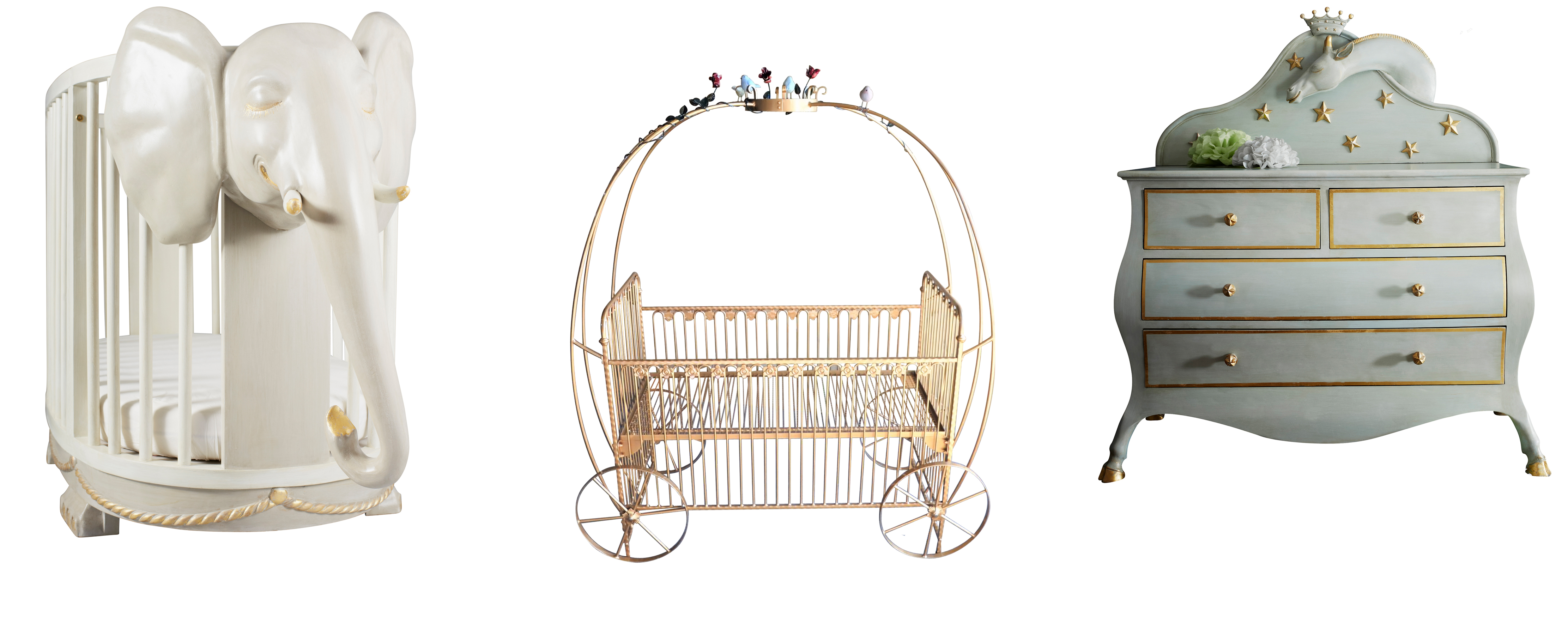 (L-R) Valentina, Elephant Inspired, Cot, £3,900; Cinderella Hand-Painted Cot, with decorative birds and leaves wreath, £4,730; Dahlia Changing Chest, With Giraffe Design, £4,980, The Baby Cot Shop (The Baby Cot Shop/PA)