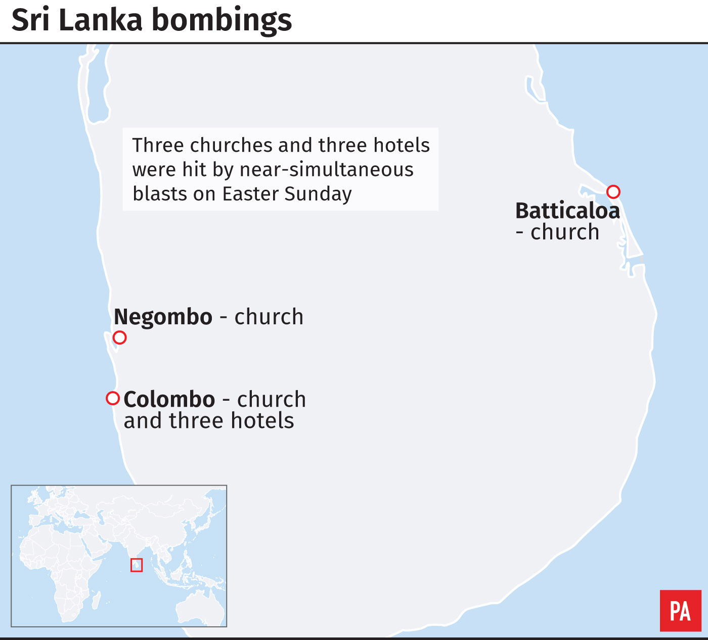 Location of Sri Lanka bombings