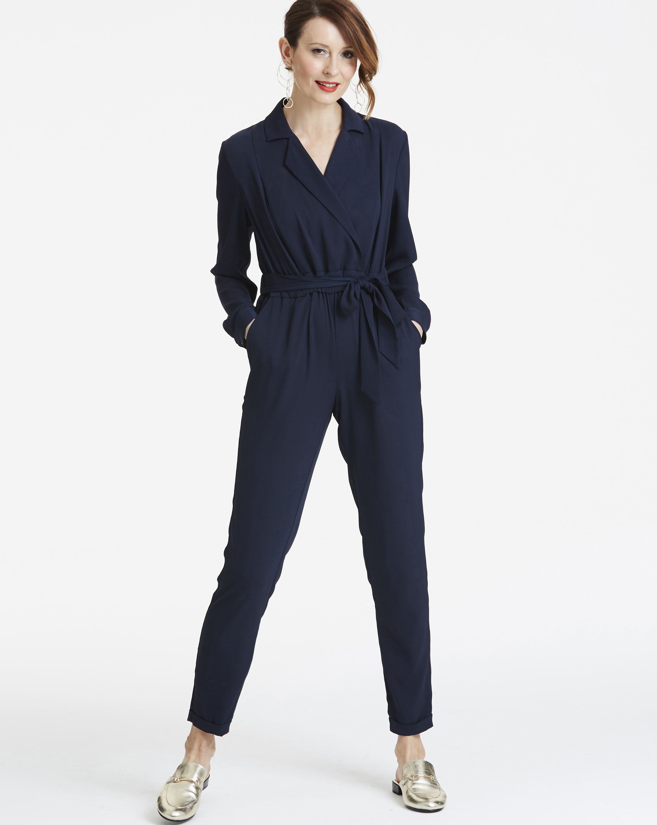 JD Williams Wrap Front Jumpsuit; Leather Trim Detail Closed Toe Mules