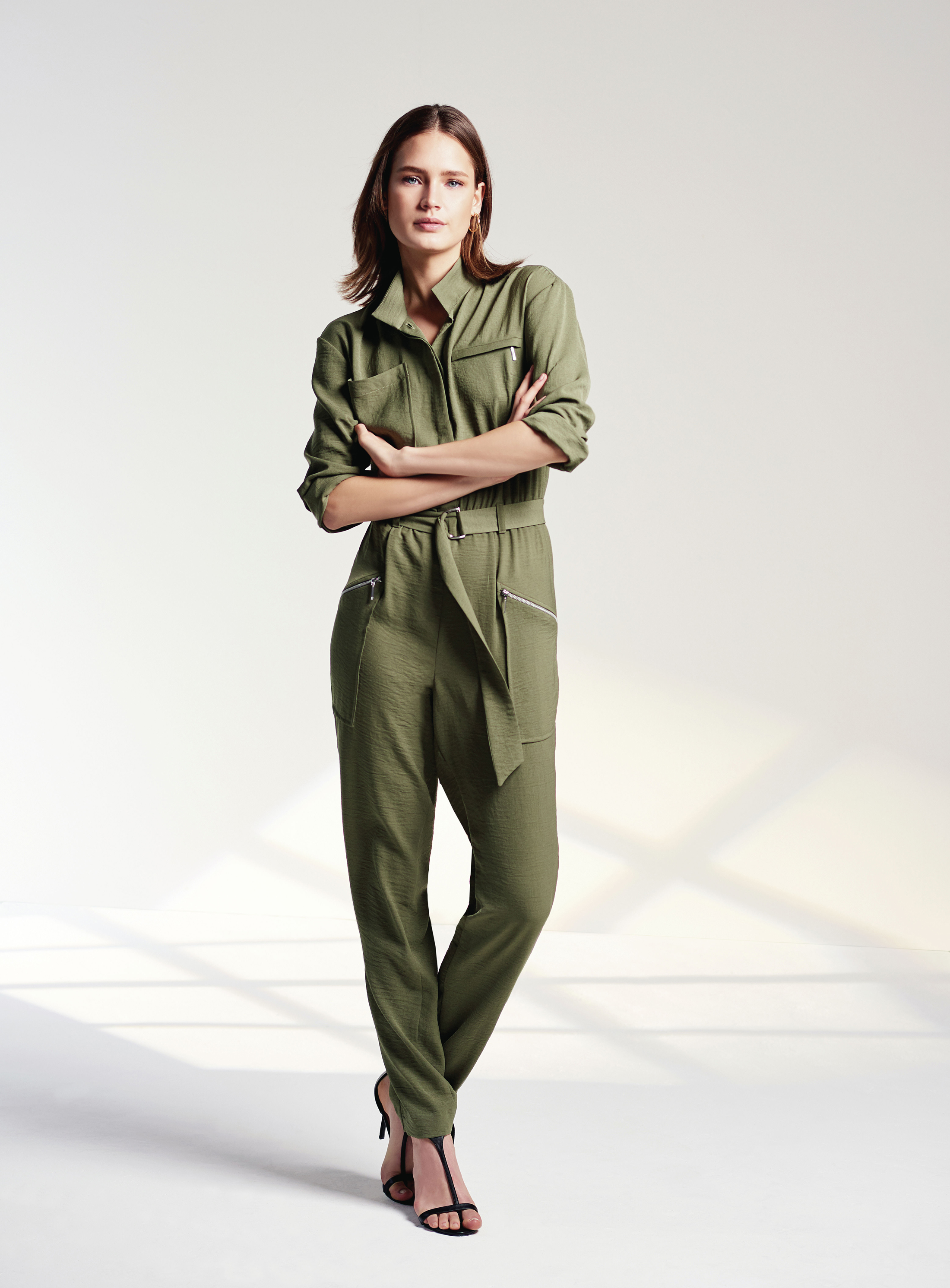 Wallis Khaki Boiler Suit; Black Heeled Sandals