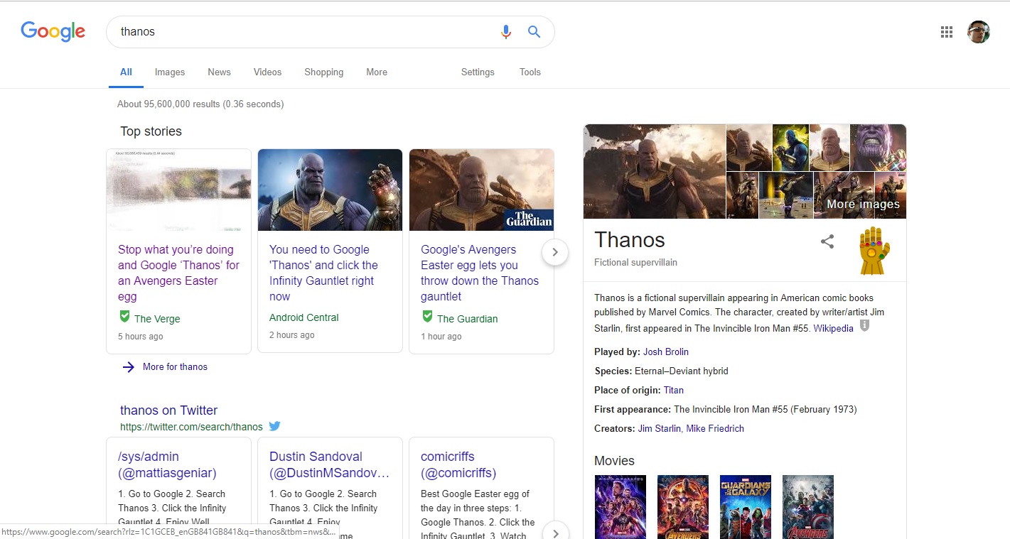 The Thanos search results page