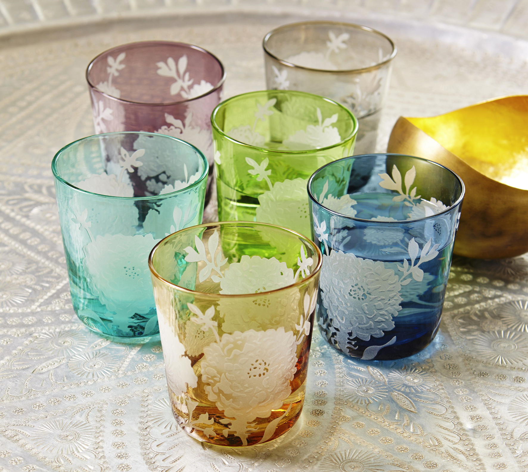 Set of Six Peony Glasses, Graham and Green