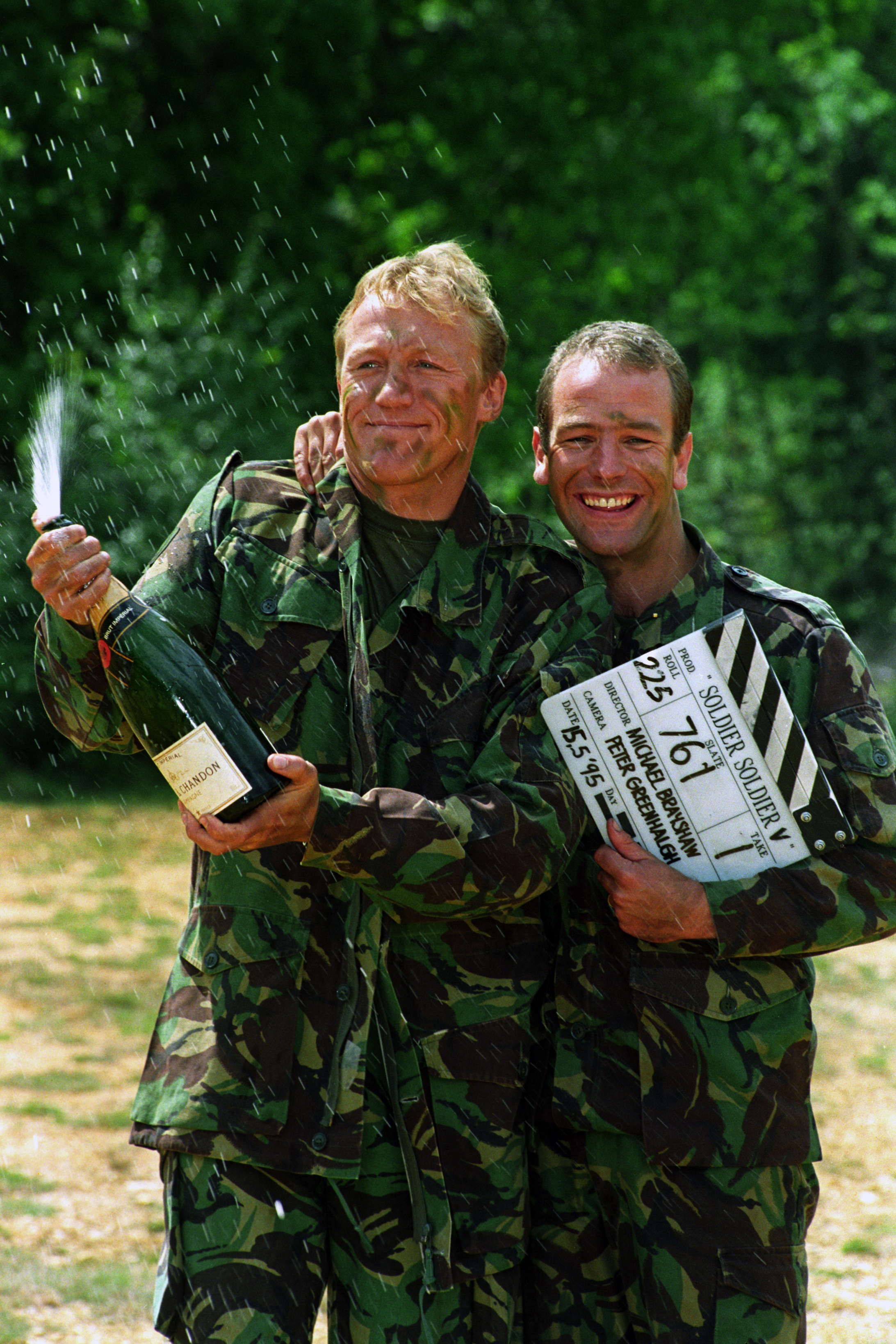 Jerome Flynn and Robson Green celebrating their No 1 hit, Unchained Melody in 1995 (Tim Ockenden/PA)