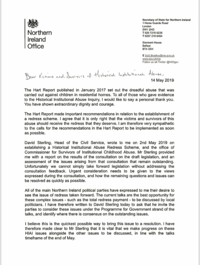 Karen Bradley's letter to victims' groups