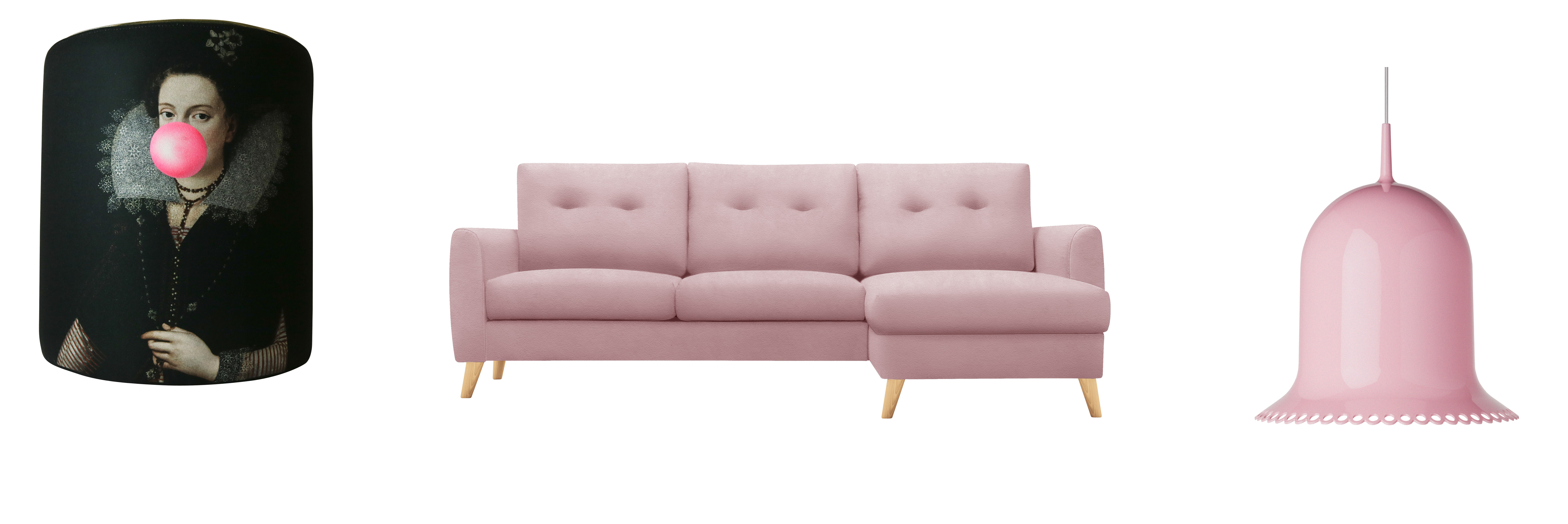 (L-R) Bubblegum Portrait Stool, Lady, £198, Mineheart; Anderson Upholstered Right Hand Chaise Sofa, Velvet Blush Pink With Natural Legs, from £1,199, Cult Furniture; Mooi Lolita Suspension Light Pink, £642, Rume (Minehead/Cult Living/Rume/PA)
