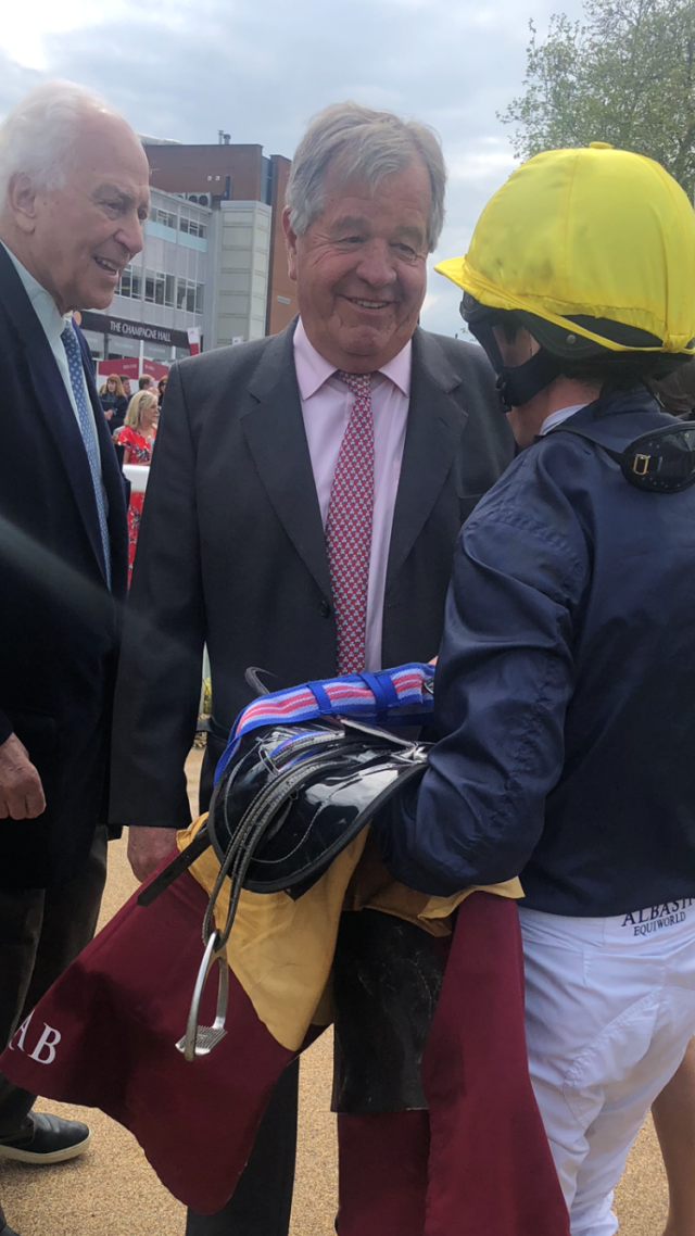 Owner Sir Evelyn Rothschild with Sir Michael Stoute and Ryan Moore following the victory of Crystal Ocean