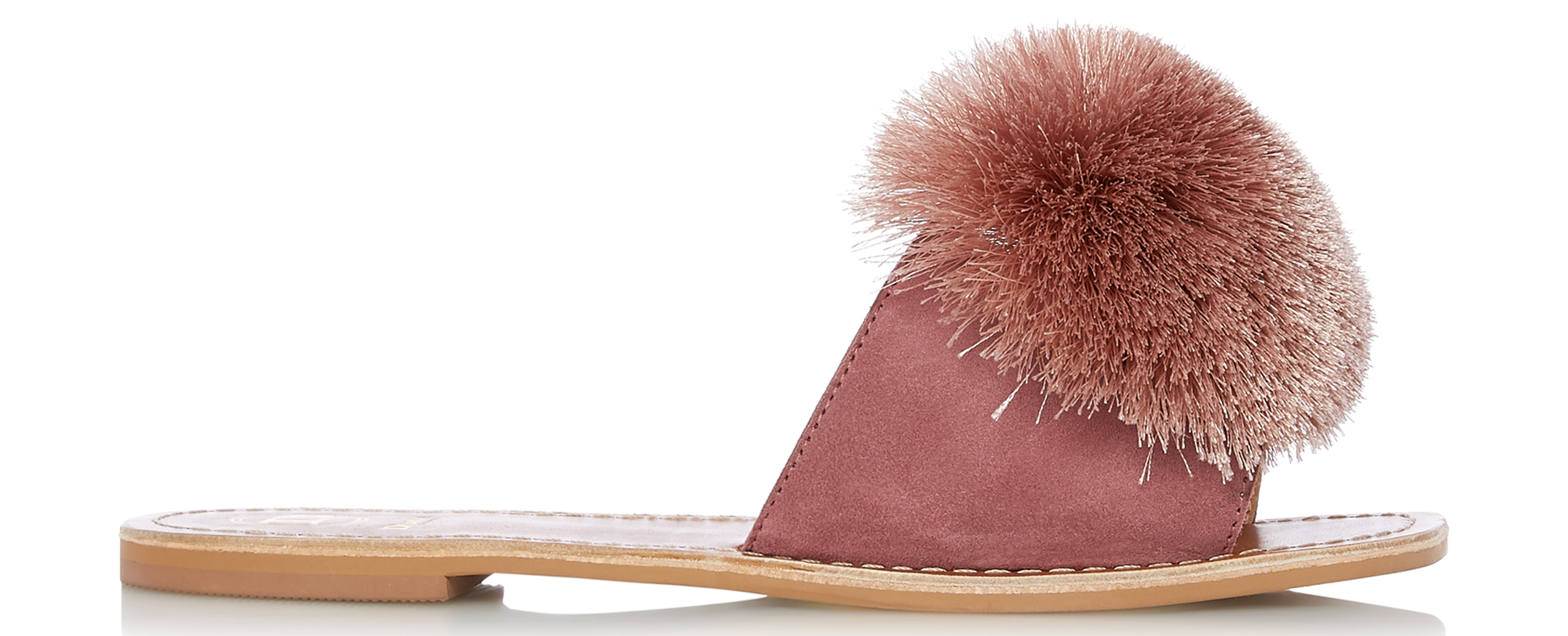 Dune Latino Cappuccino Suede Pom Pom Slider Sandal