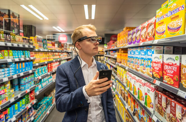 Dr Carl-Philip Ahlbom wearing the eye-tracking glasses in a supermarket (University of Bath/PA)