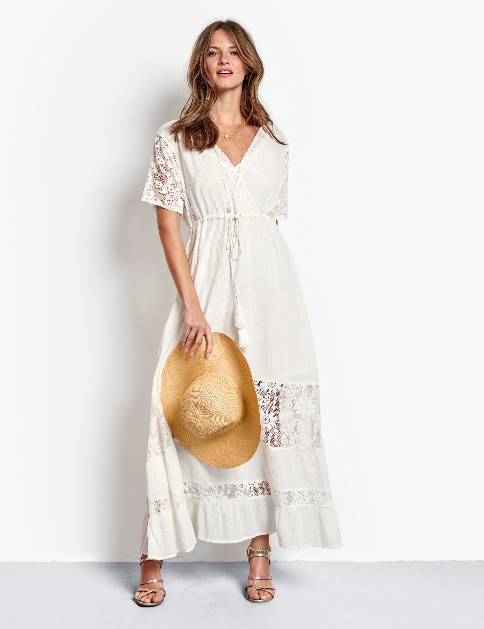 Hush Joline Lace Dress; Delaford Heels; Round Panama Hat; Sea Pearl Pendant