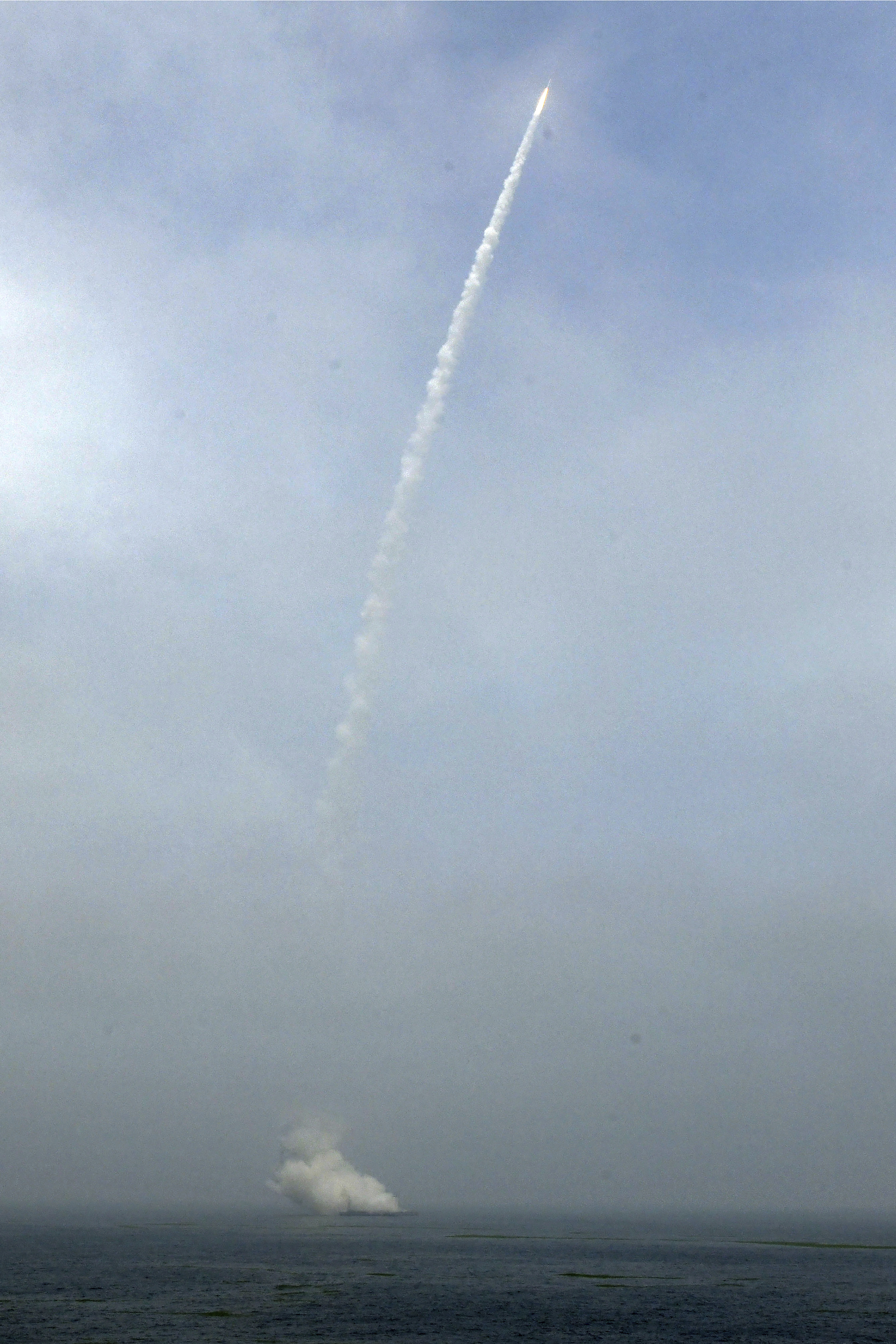 The rocket takes off from a mobile launch platform in the Yellow Sea