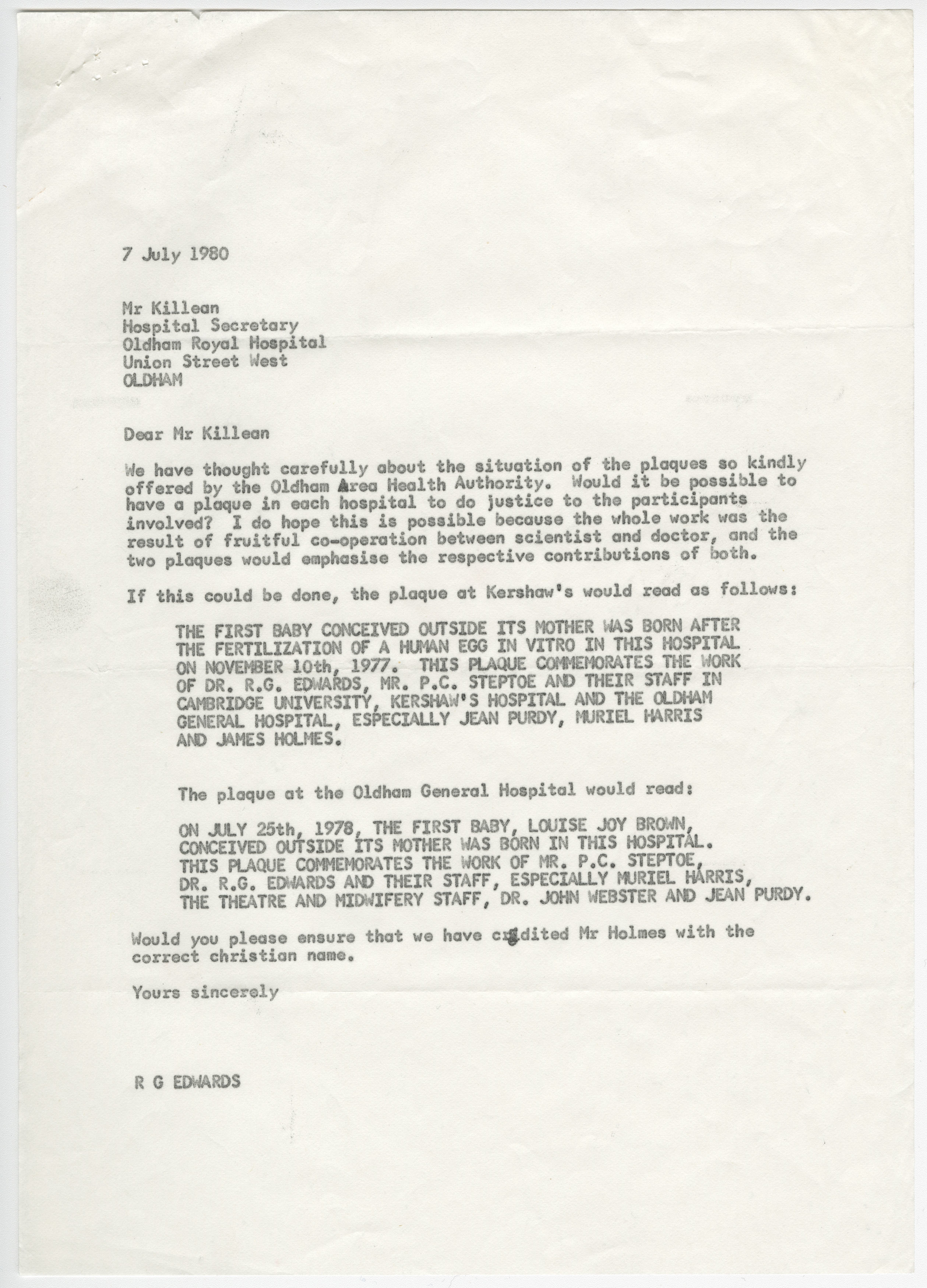 Letter by Sir Robert Edwards