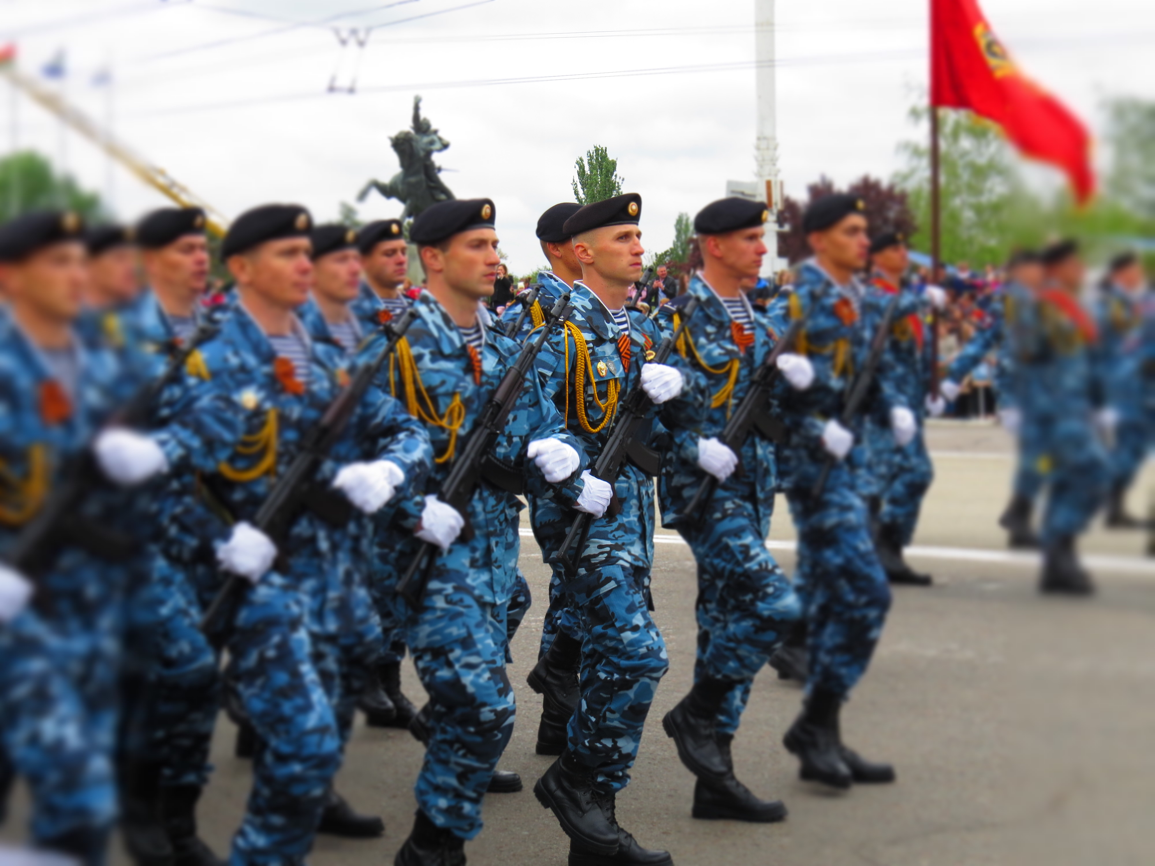 Troops march past in the Victory Day celebrations in Tiraspol