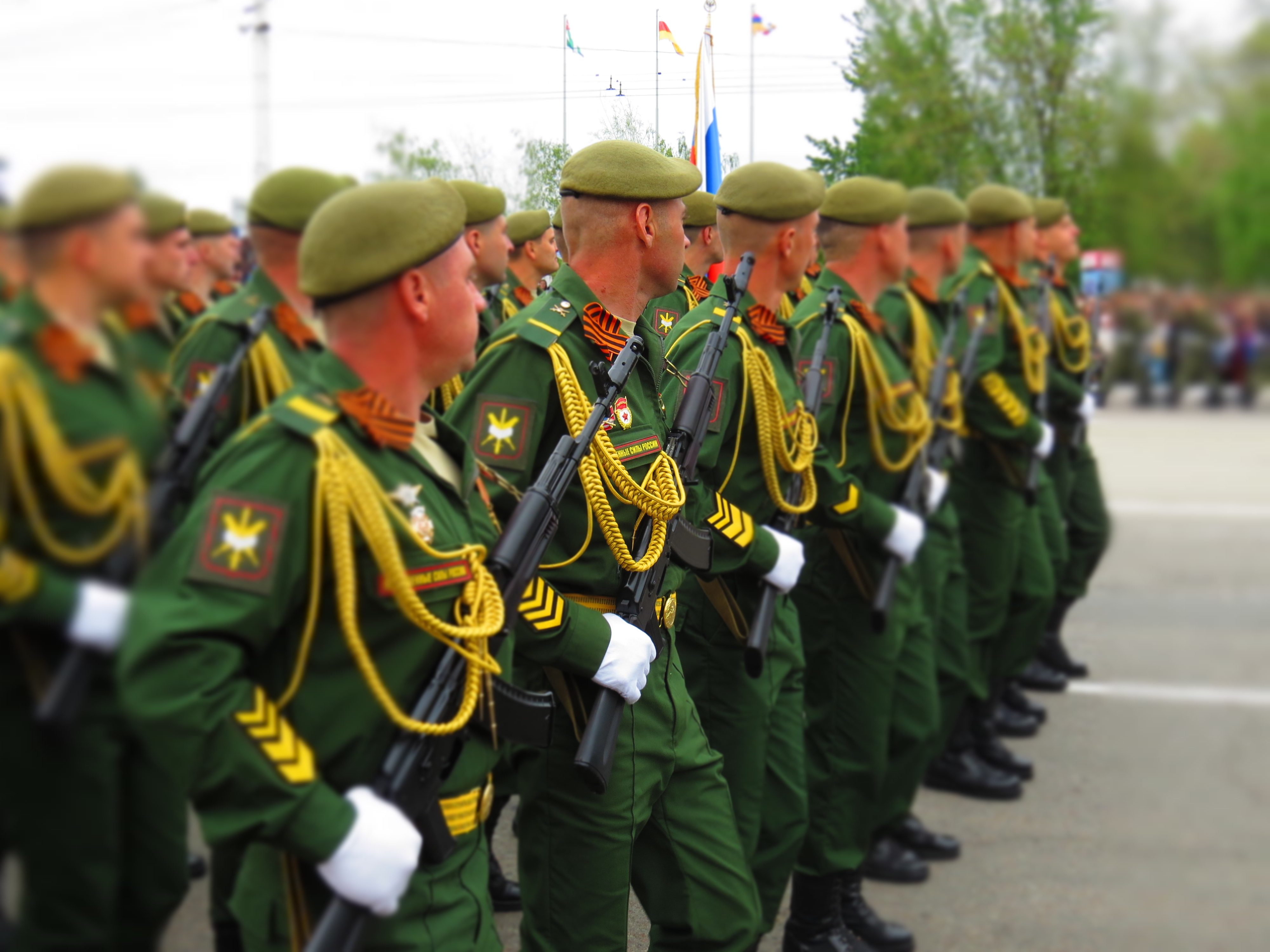 Soldiers march in the Victory Day parade in Tiraspol, Transnistria