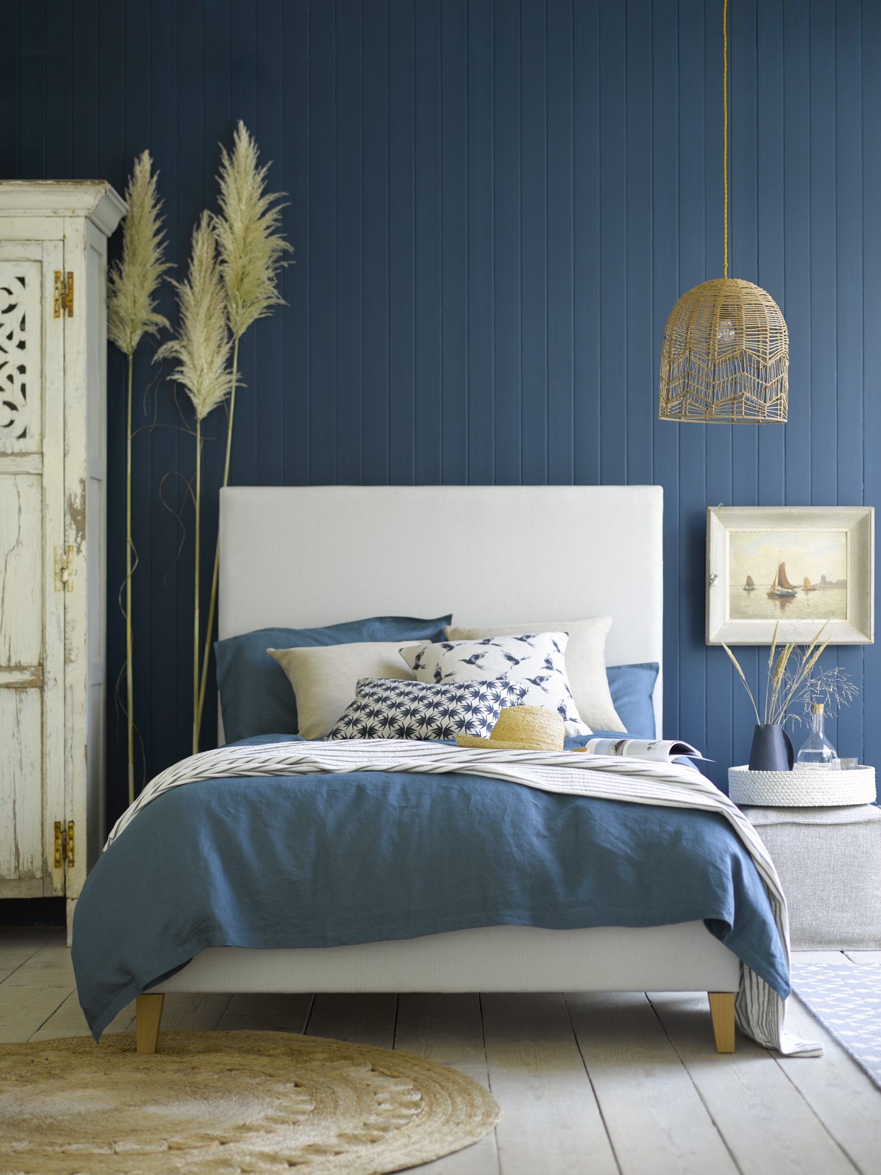 Harlow double bed in Denim Chessnea Stripe and Light Oak legs, £1,100, Sofa.com (Sofa.com)