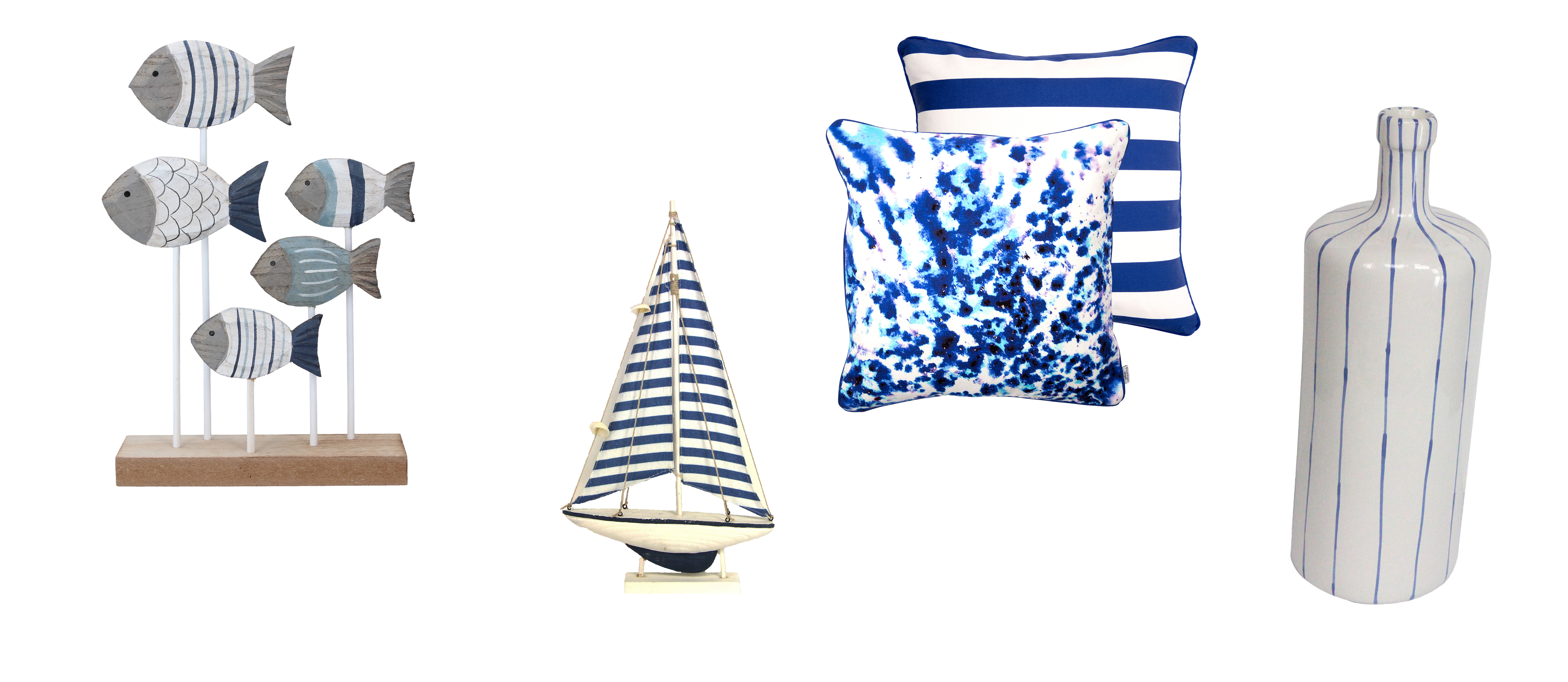 (L-R) Painted Wooden Fish Shoal Ornament,£18.00, Gisela Graham; Navy Striped Wooden Sail Boat with Shells Ornament Medium, £15.00, Gisela Graham; Mesmerise Water Colour Cushion, £95, Penelope Hope; Blue Striped Bottle Vase, Medium, £15, The Contemporary Home (Gisela Graham/Penelope Hope/The Contemporary Home/PA)