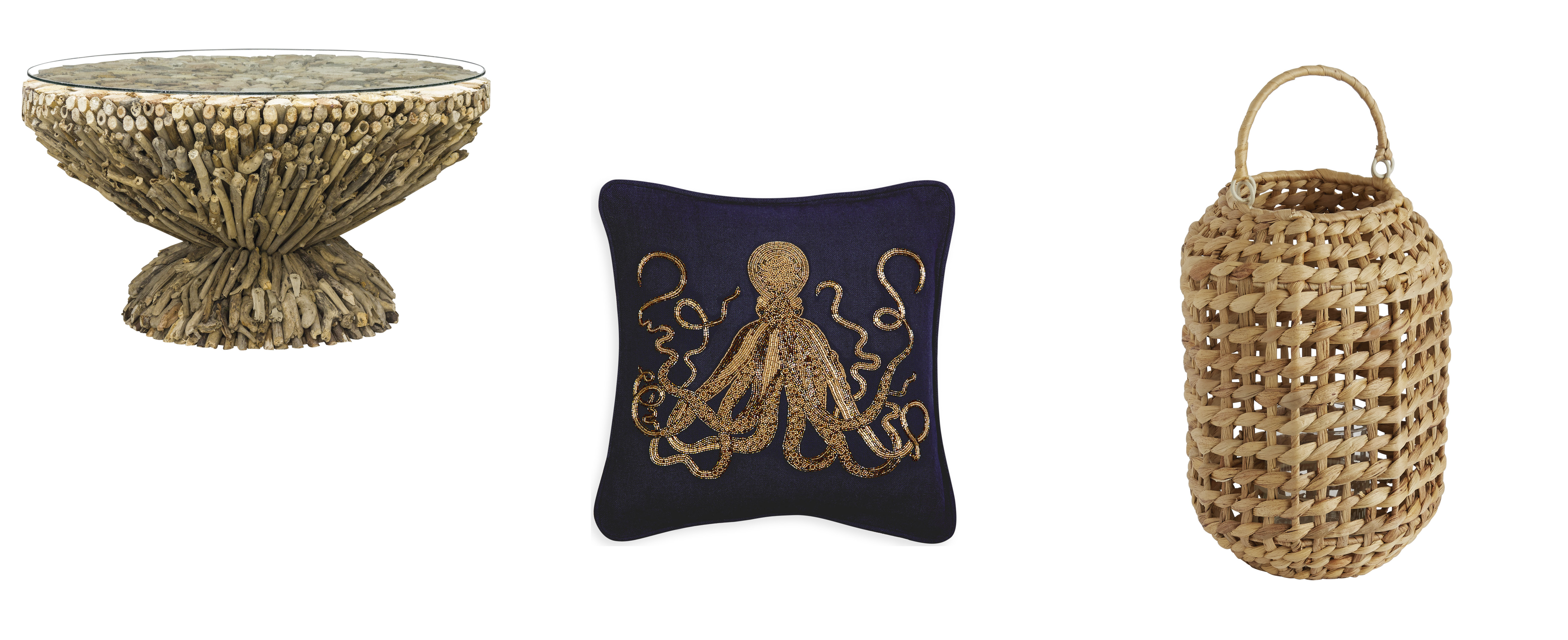 (L-R) Driftwood Round Coffee Table, currently reduced to £249 from £279, ScS; Aquatic Beaded Octopus Cushion, £ , Jonathan Adler; Bodhi hand woven water hyacinth Lantern, £20, Habitat (ScS; Jonathan Alder/ Habitat)