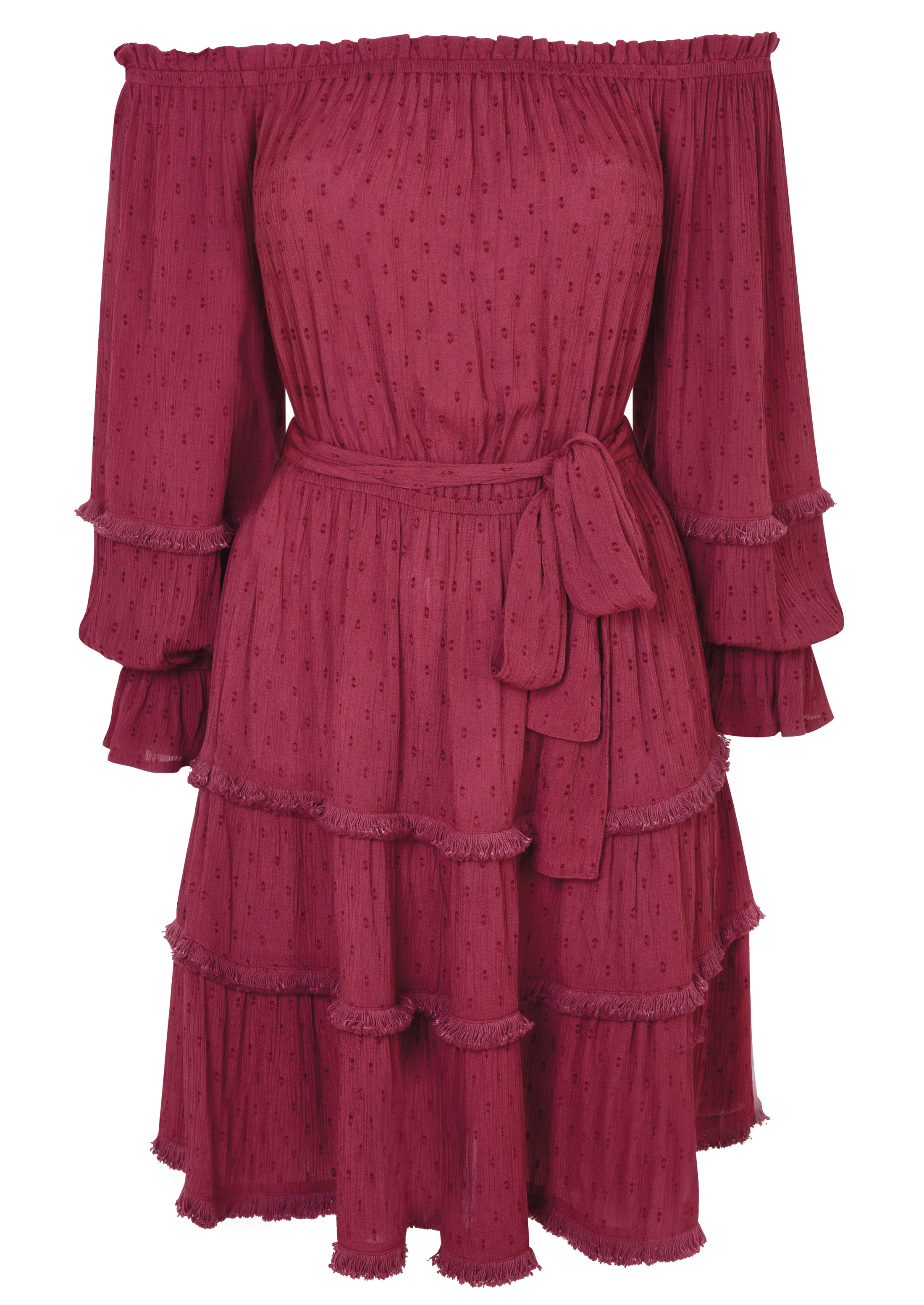 Miss Selfridge Burgundy Dobby Fringe Bardot Dress
