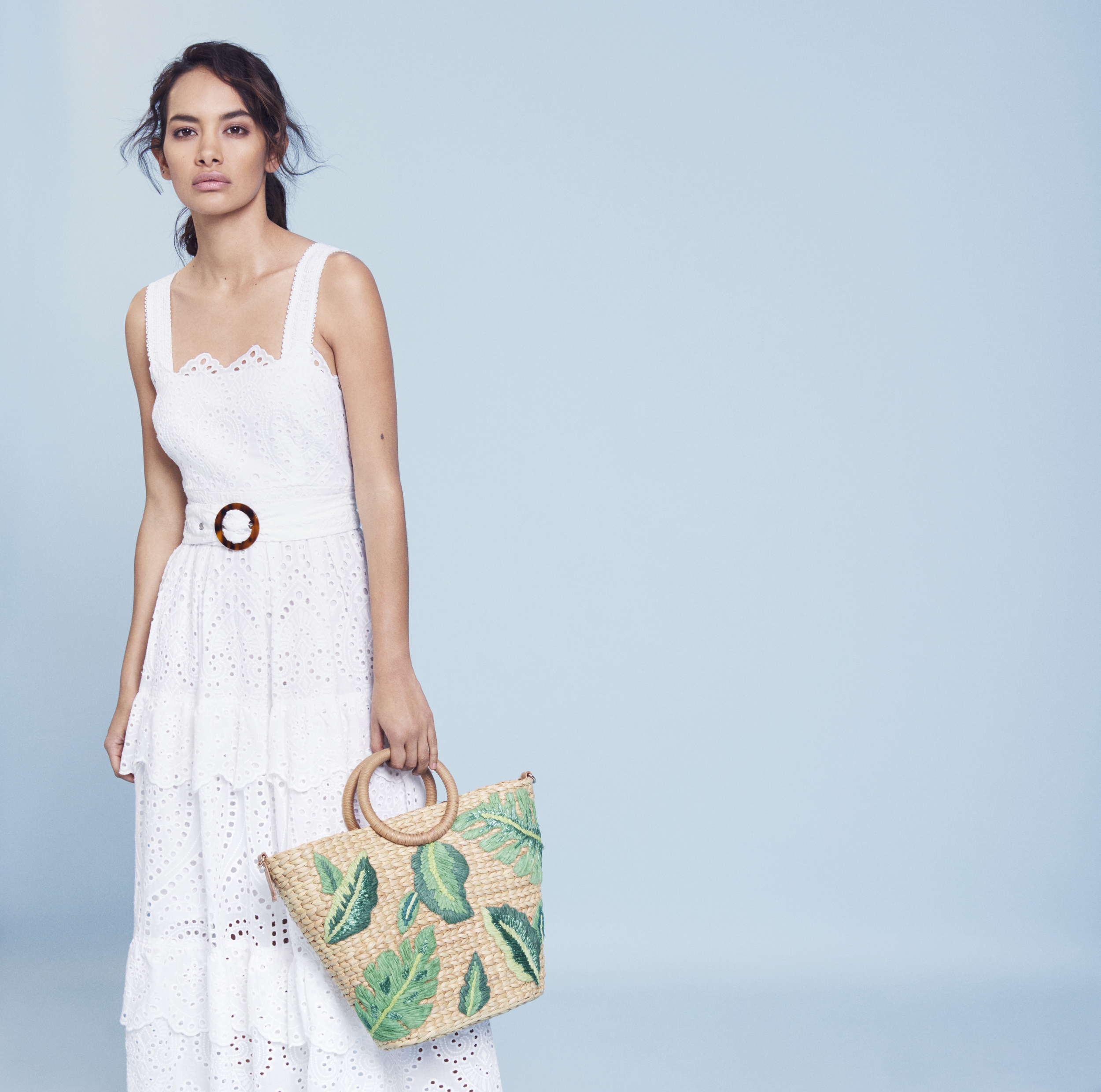 Monsoon Francisca Broderie Cotton Maxi Dress, Rue Raffia Leaf Shopper Bag