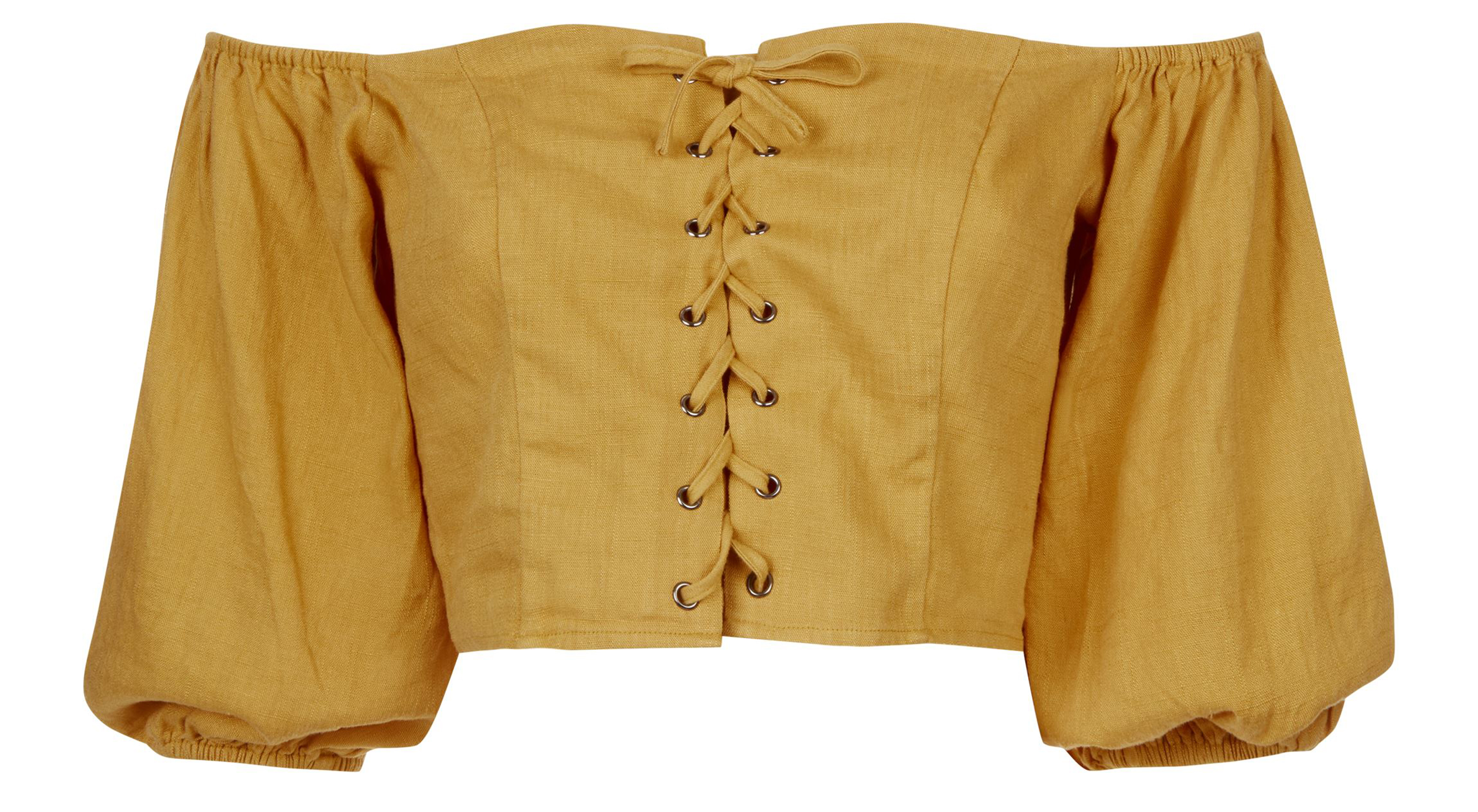 New Look Yellow Linen-Look Lace Up Milkmaid Top