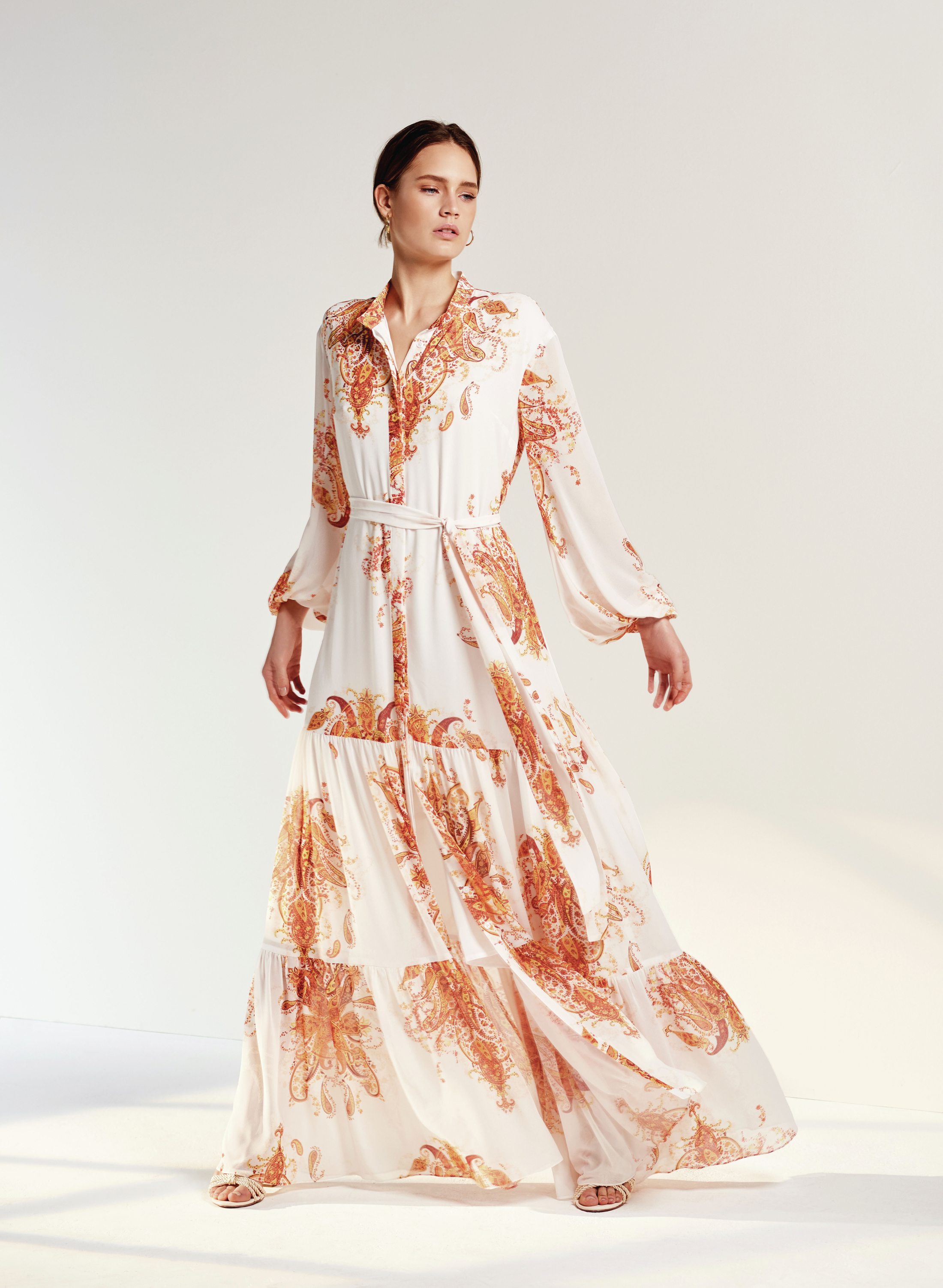 Wallis Cream Paisley Maxi Shirt Dress; Stone Beaded Heeled Sandal