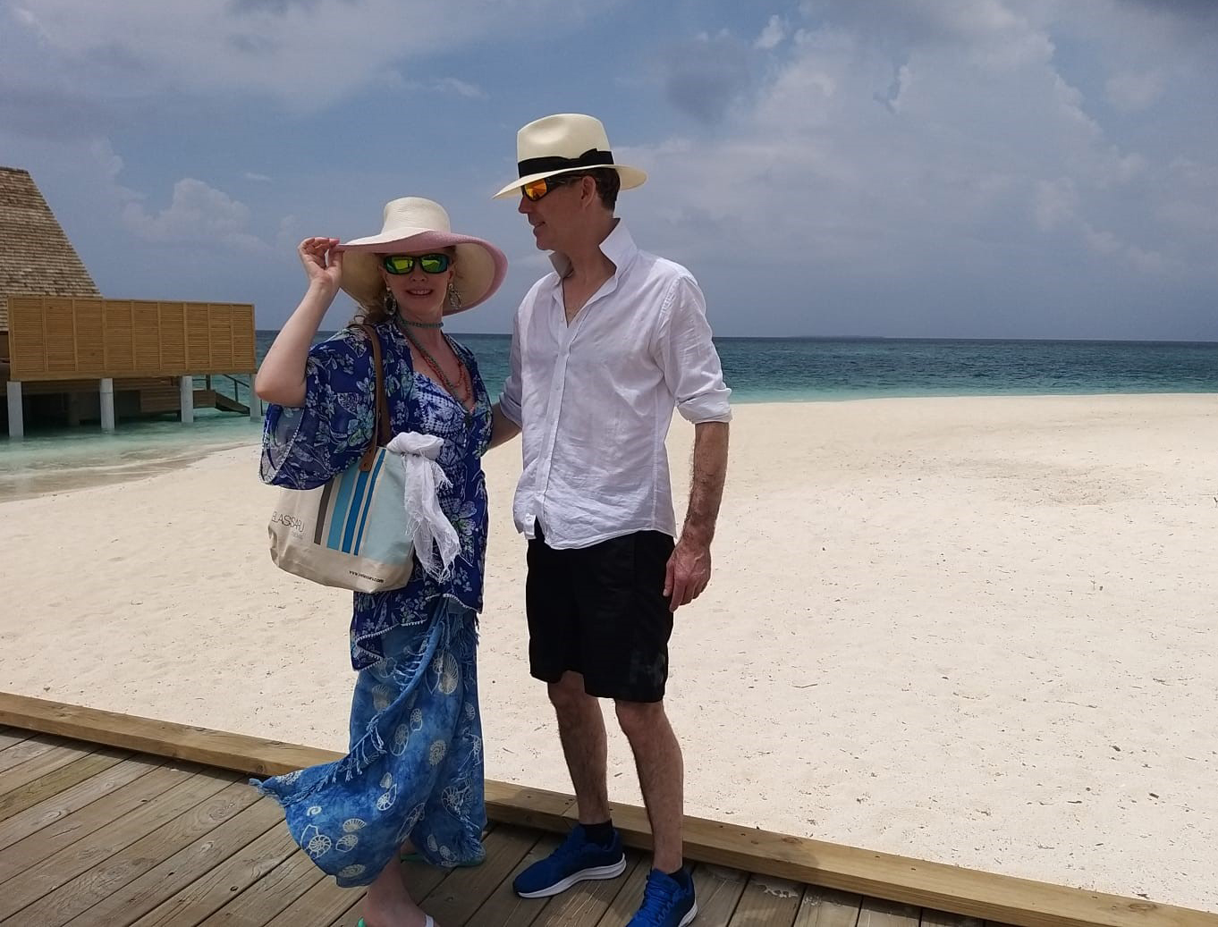 Sam & Giles on the jetty, Faarufushi, Maldives (SWH/PA)
