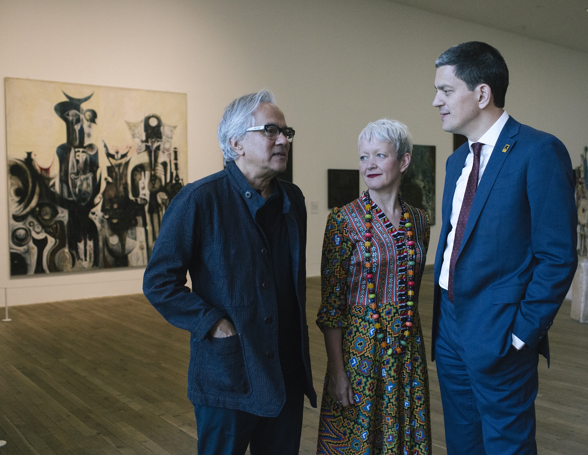Sir Anish Kapoor, David Miliband and Maria Balshaw at Tate Modern to mark World Refugee Day with the International Rescue Committee