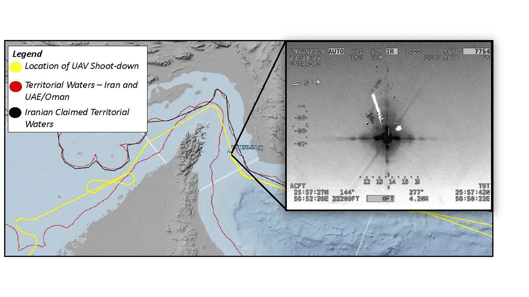 This image released by the US military's Central Command shows what it describes as the flight path and the site where Iran shot down a US droneNavy RQ-4A Global Hawk in the Strait of Hormuz on Thursday, June 20, 2019. Iran says it shot down the drone over Iranian territorial waters