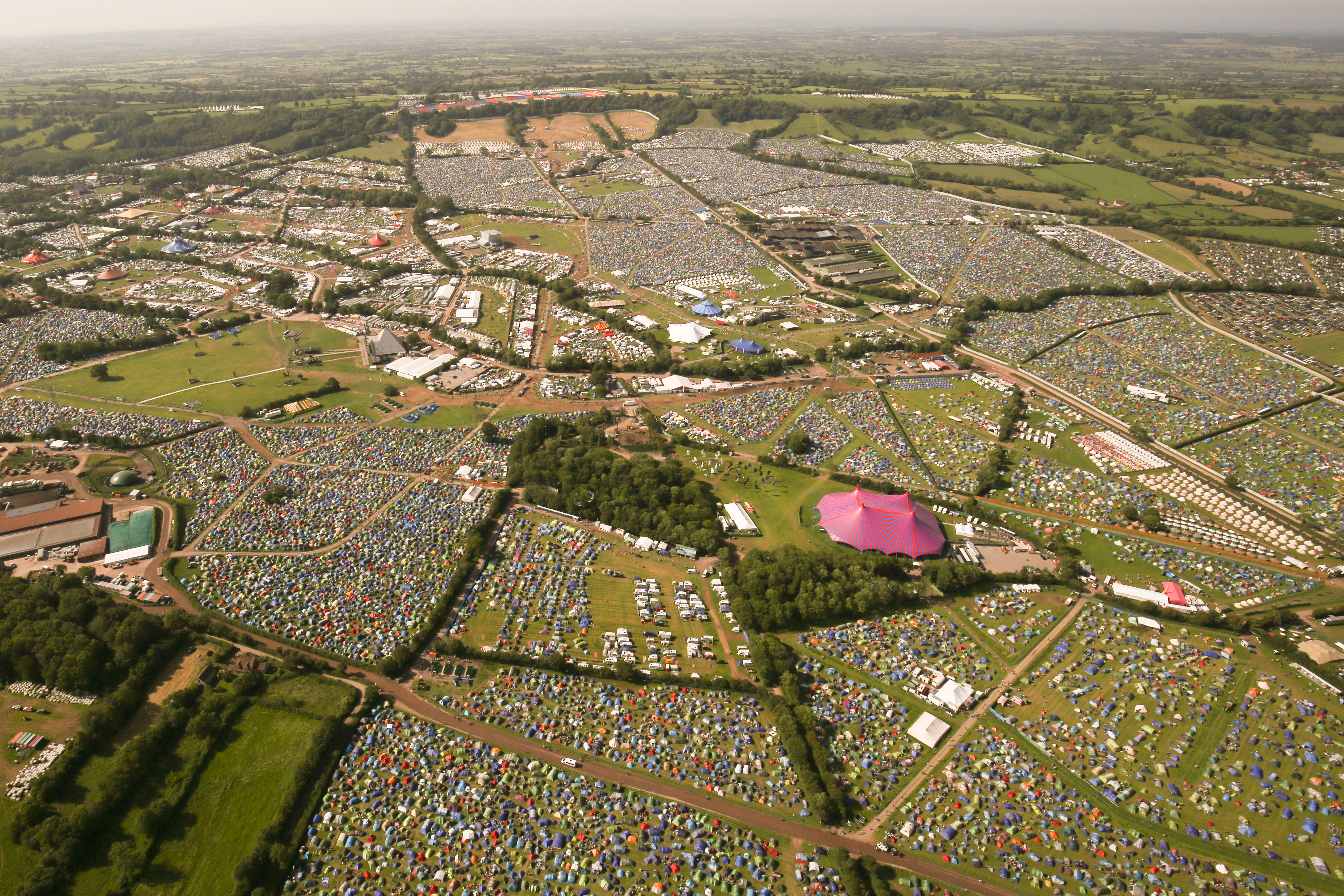 An aerial view of the Glastonbury Festival site at Worthy Farm in Somerset