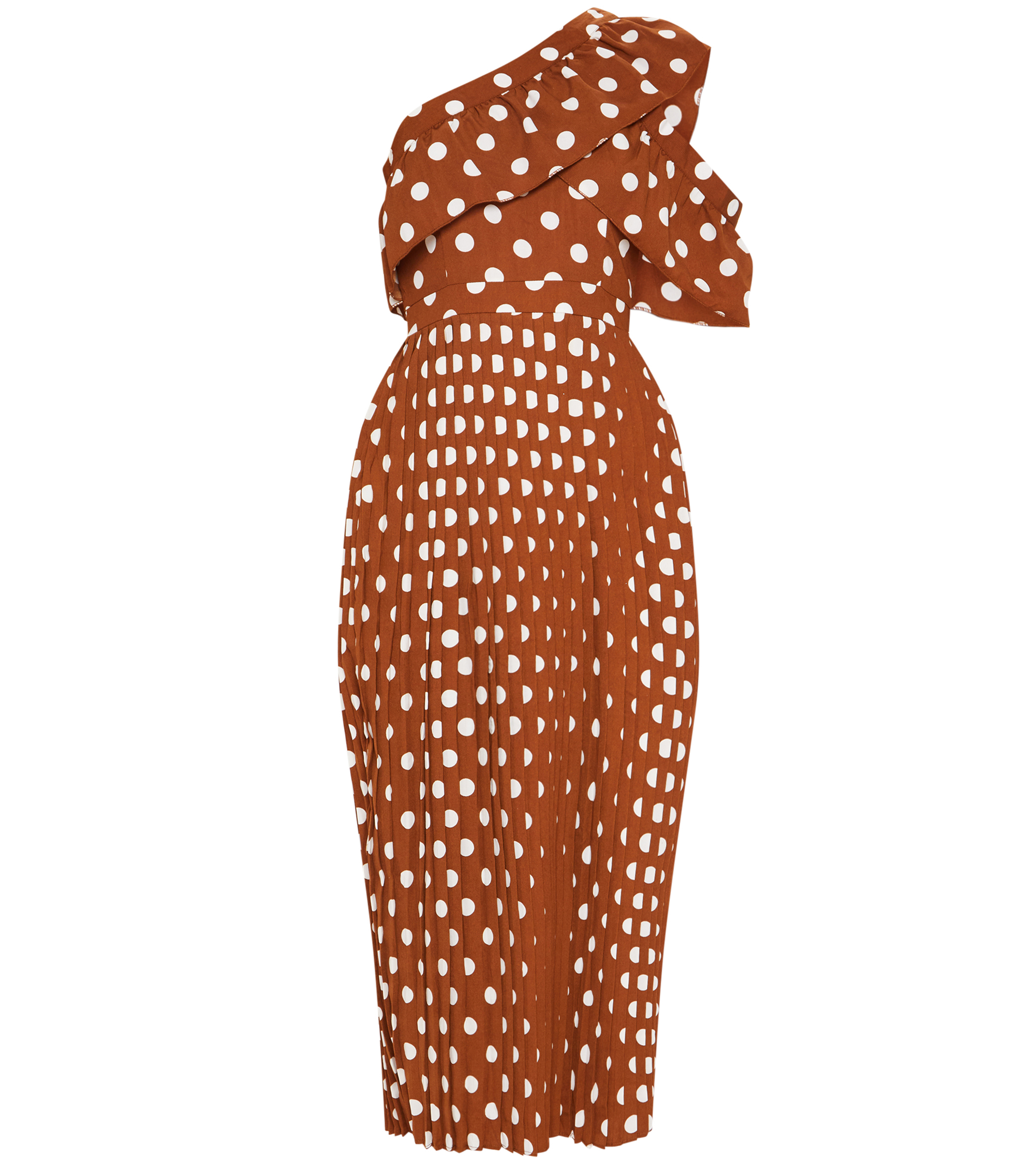 Pretty Little Thing Chocolate Polka Dot One Shoulder Ruffle Detail Pleated Midi Dress