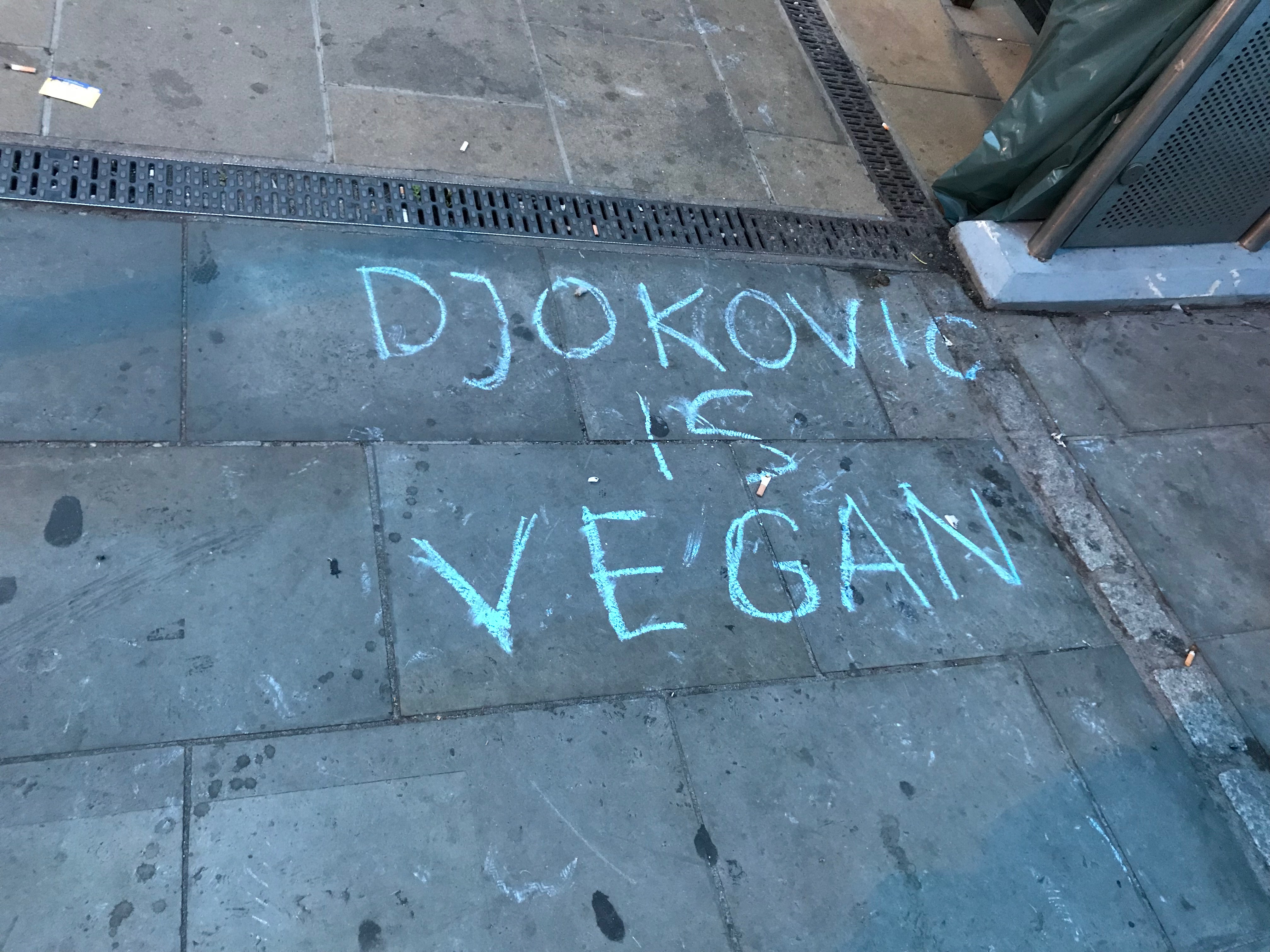 Vegan activists have been chalking “Djokovic is a vegan” around Wimbledon Station of the course of the tournament 